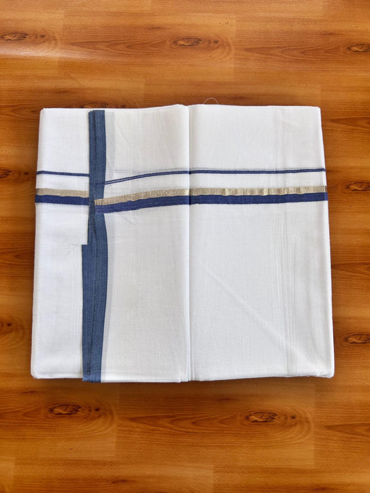 Pure White Double Mundu/Dothi - 20% Discount ! Kaitharikada 100% Cotton 80x80 - 0.5 inch Silver Kasav & Indigo Blue Kara 3.80 m (8 muzham) - 12 KK5476 MC