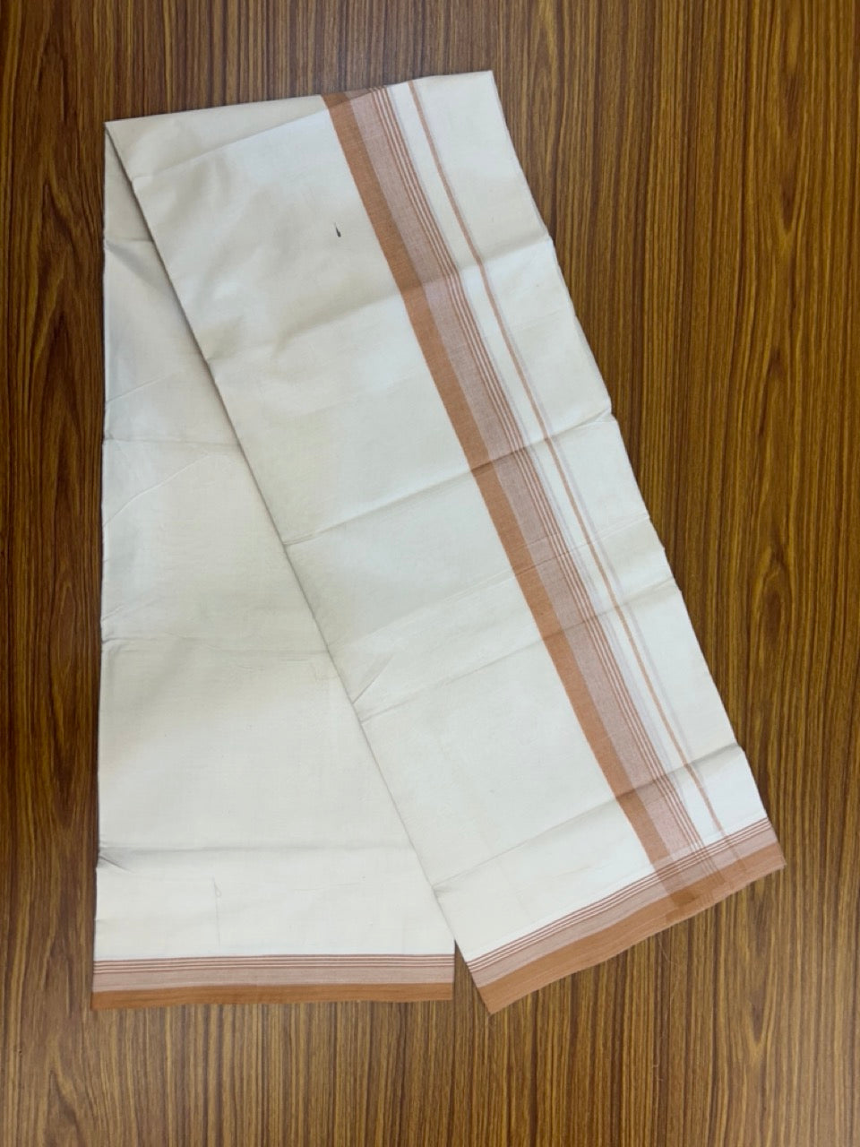 20% Discount! KaithariKada Balaramapuram 100%  Cotton Off White Double - (Unbleached) Mundu/Dhoti - 100X80 - 1.75 Inch Dark Peach striped Kara - 4 Mtr (8.5 Muzham) - 116 KK5294 THI
