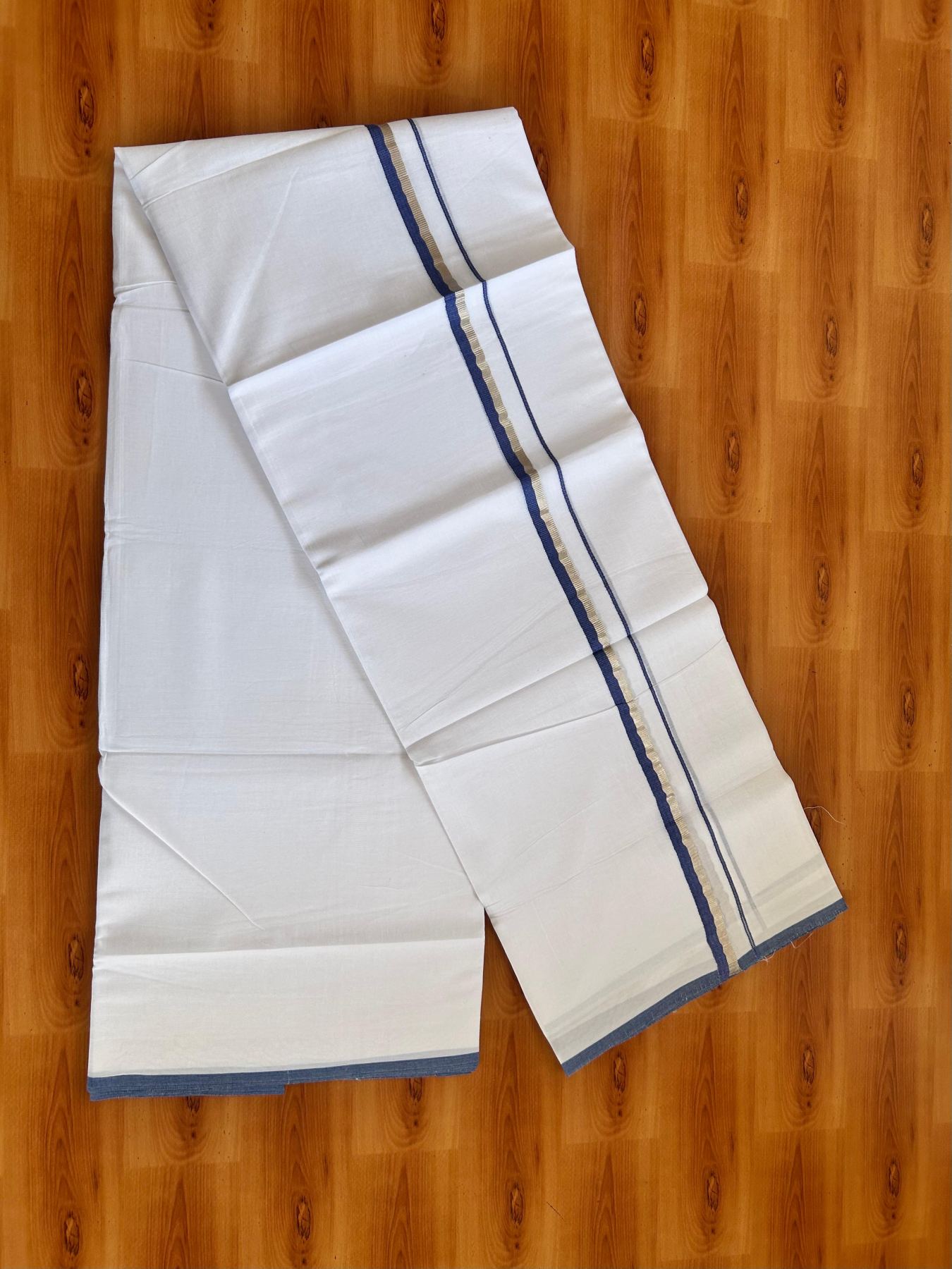 Pure White Double Mundu/Dothi - 20% Discount ! Kaitharikada 100% Cotton 80x80 - 0.5 inch Silver Kasav & Indigo Blue Kara 3.80 m (8 muzham) - 12 KK5476 MC
