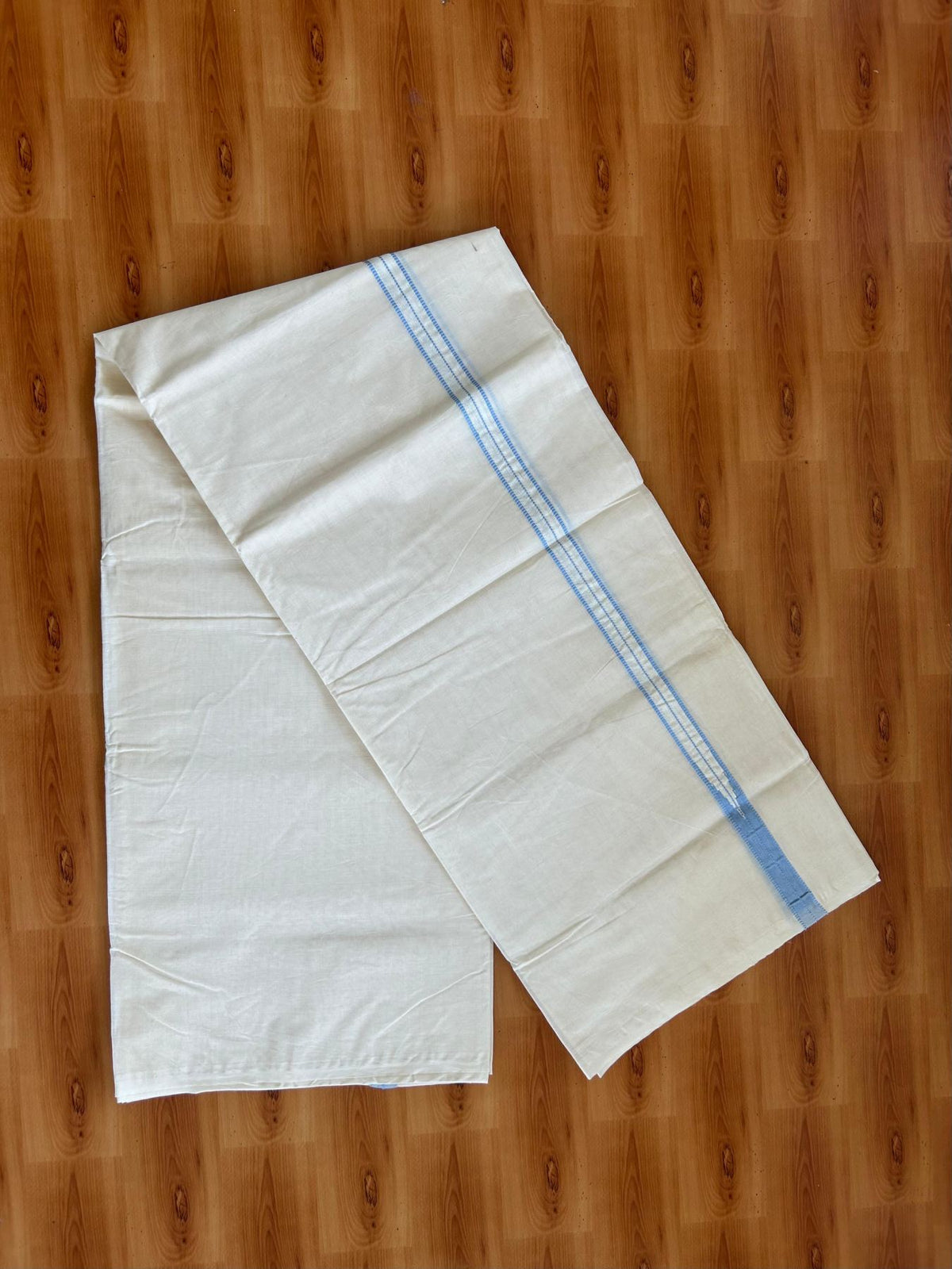 Double Off White (Unbleached) Mundu/Dhoti - 20% Discount!! KaithariKada Pulimood 100% Cotton 100x100 - 1 inch Puliyilakkara  Light Steel Blue Chutty Kara - 5 mtr (10.64 muzham) - 19 KK5546 ASH