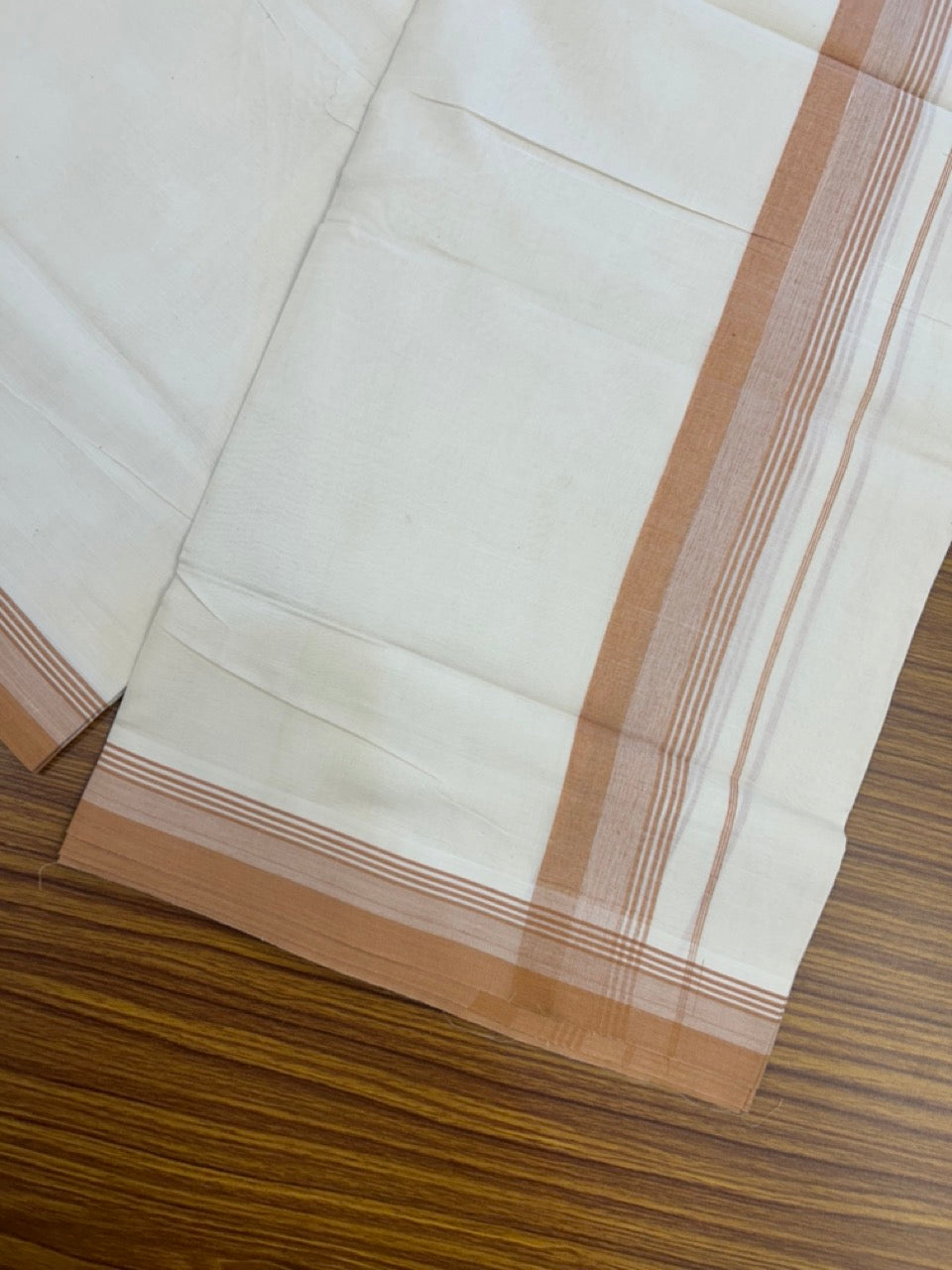 20% Discount! KaithariKada Balaramapuram 100%  Cotton Off White Double - (Unbleached) Mundu/Dhoti - 100X80 - 1.75 Inch Dark Peach striped Kara - 4 Mtr (8.5 Muzham) - 116 KK5294 THI