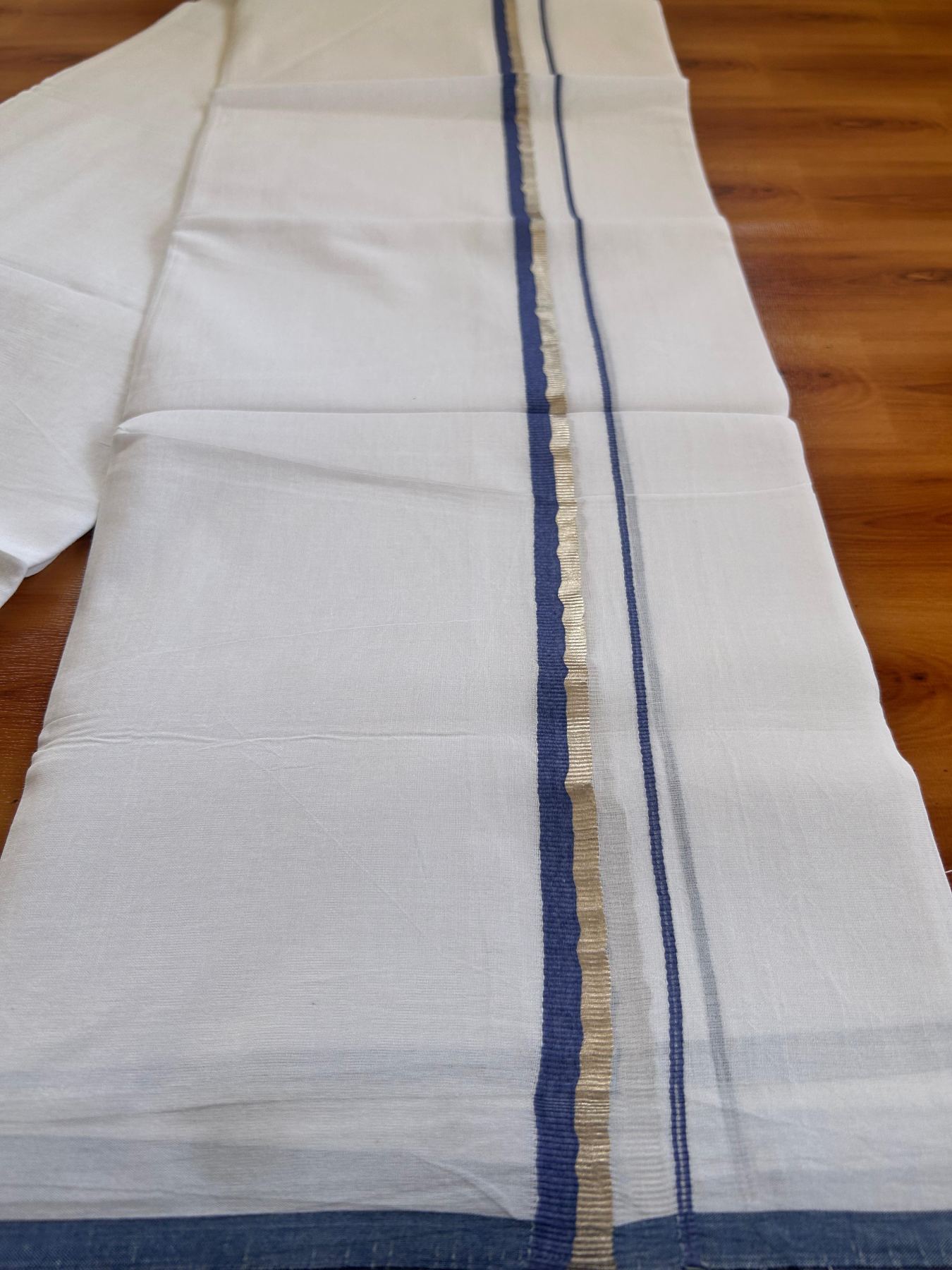 Pure White Double Mundu/Dothi - 20% Discount ! Kaitharikada 100% Cotton 80x80 - 0.5 inch Silver Kasav & Indigo Blue Kara 3.80 m (8 muzham) - 12 KK5476 MC