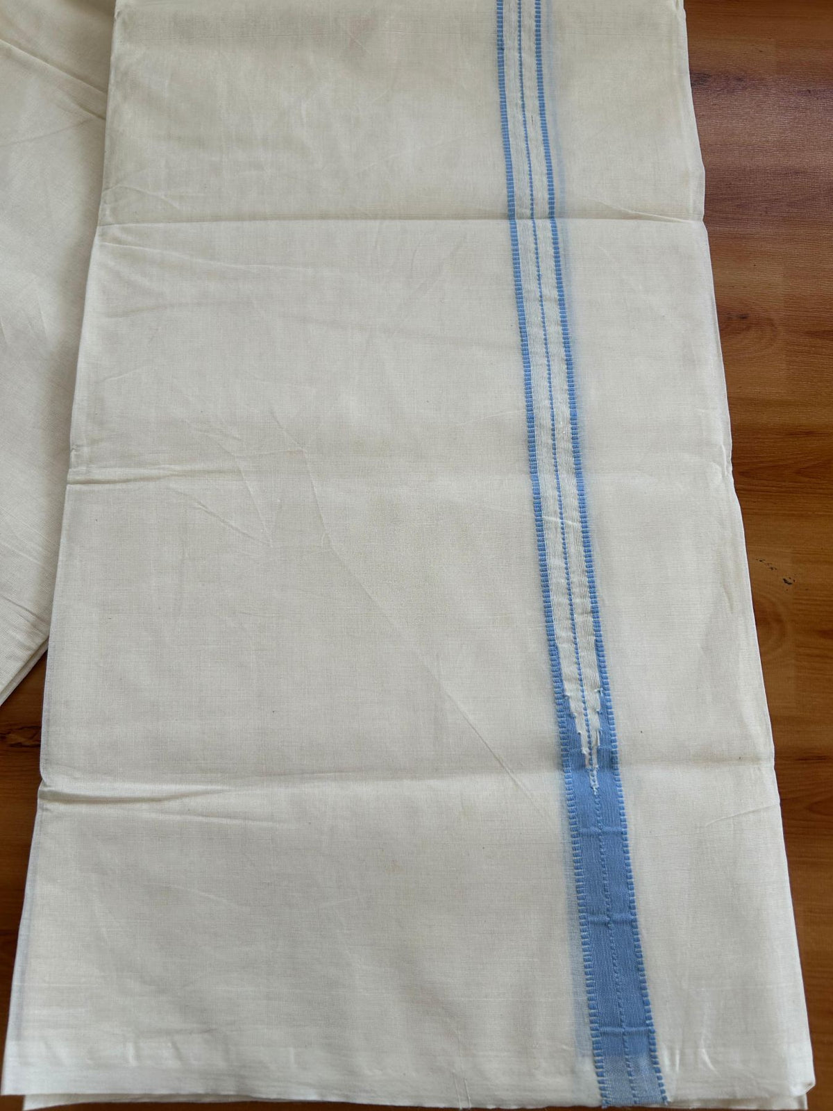 Double Off White (Unbleached) Mundu/Dhoti - 20% Discount!! KaithariKada Pulimood 100% Cotton 100x100 - 1 inch Puliyilakkara  Light Steel Blue Chutty Kara - 5 mtr (10.64 muzham) - 19 KK5546 ASH