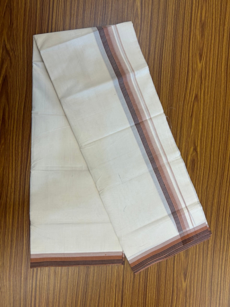 20% Discount! KaithariKada Balaramapuram 100%  Cotton Off White Double - (Unbleached) Mundu/Dhoti - 100X80 - 1.5 Inch Rust Brown shaded Black striped Kara - 4 Mtr (8.5 Muzham) - 121 KK5294 THI