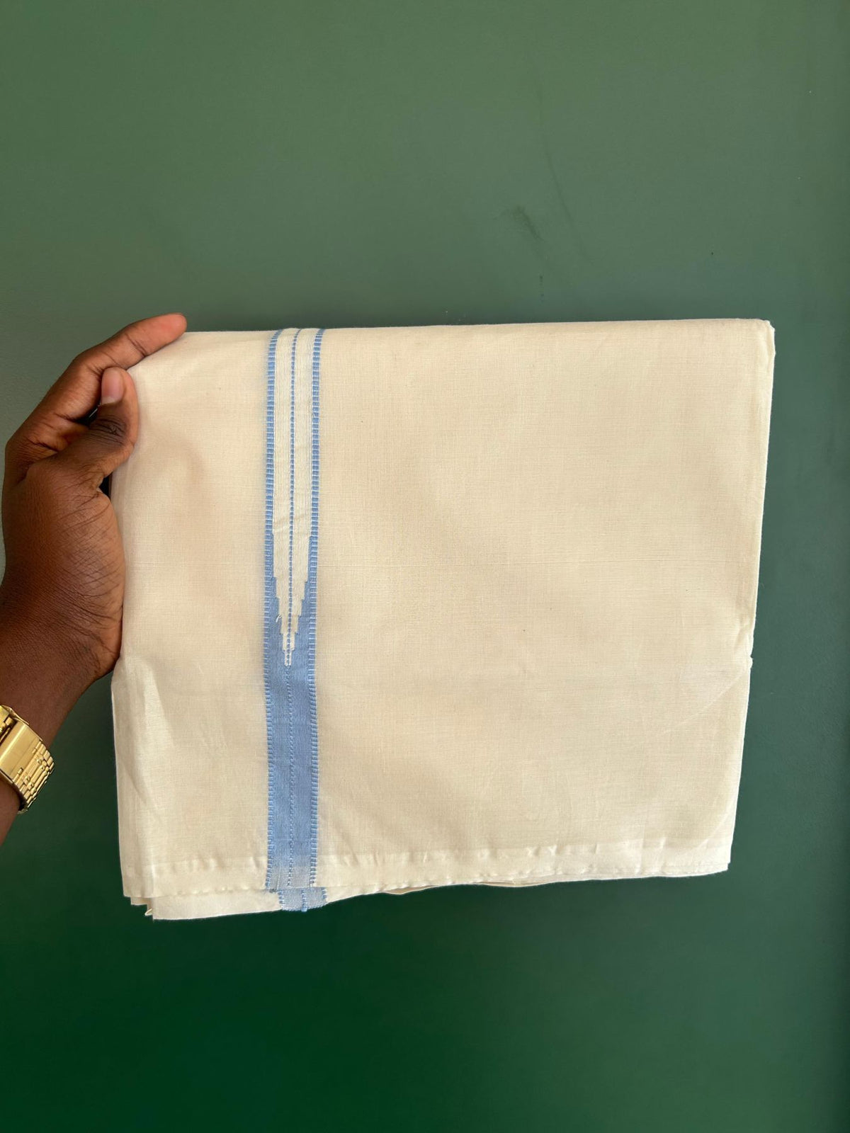 Double Off White (Unbleached) Mundu/Dhoti - 20% Discount!! KaithariKada Pulimood 100% Cotton 100x100 - 1 inch Puliyilakkara  Light Steel Blue Chutty Kara - 5 mtr (10.64 muzham) - 19 KK5546 ASH