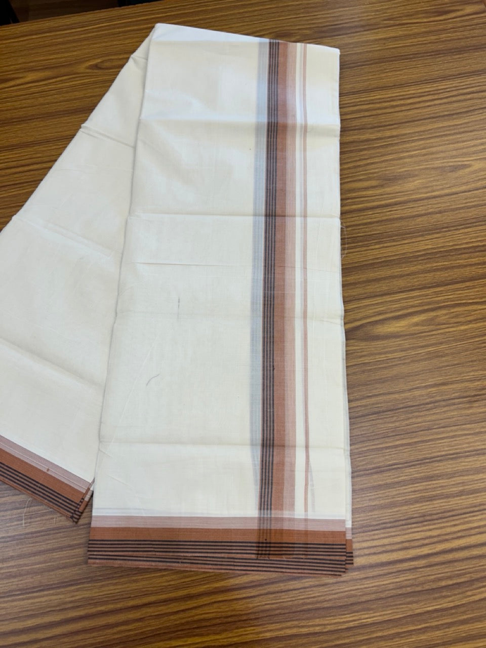 20% Discount! KaithariKada Balaramapuram 100%  Cotton Off White Double - (Unbleached) Mundu/Dhoti - 100X80 - 1.5 Inch Rust Brown shaded Black striped Kara - 4 Mtr (8.5 Muzham) - 121 KK5294 THI