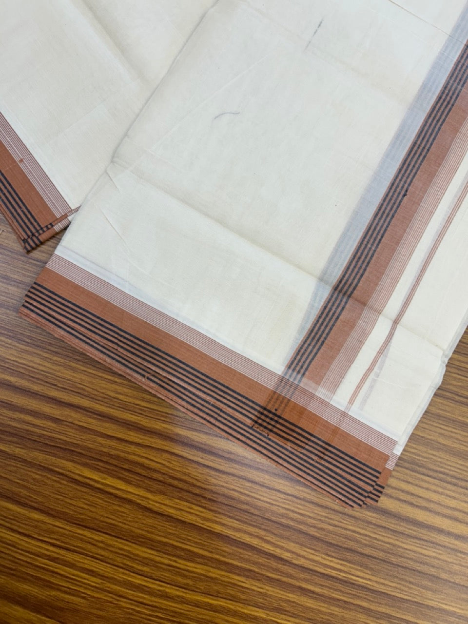 20% Discount! KaithariKada Balaramapuram 100%  Cotton Off White Double - (Unbleached) Mundu/Dhoti - 100X80 - 1.5 Inch Rust Brown shaded Black striped Kara - 4 Mtr (8.5 Muzham) - 121 KK5294 THI