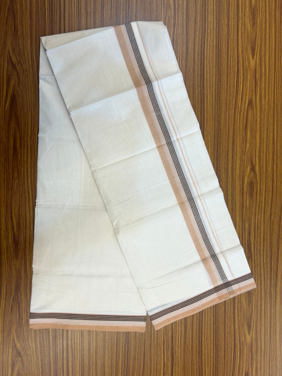 20% Discount! KaithariKada Balaramapuram 100%  Cotton Off White Double - (Unbleached) Mundu/Dhoti - 100X80 - 1.5 Inch Sand Brown shaded Black striped Kara - 4 Mtr (8.5 Muzham) - 120 KK5294 THI