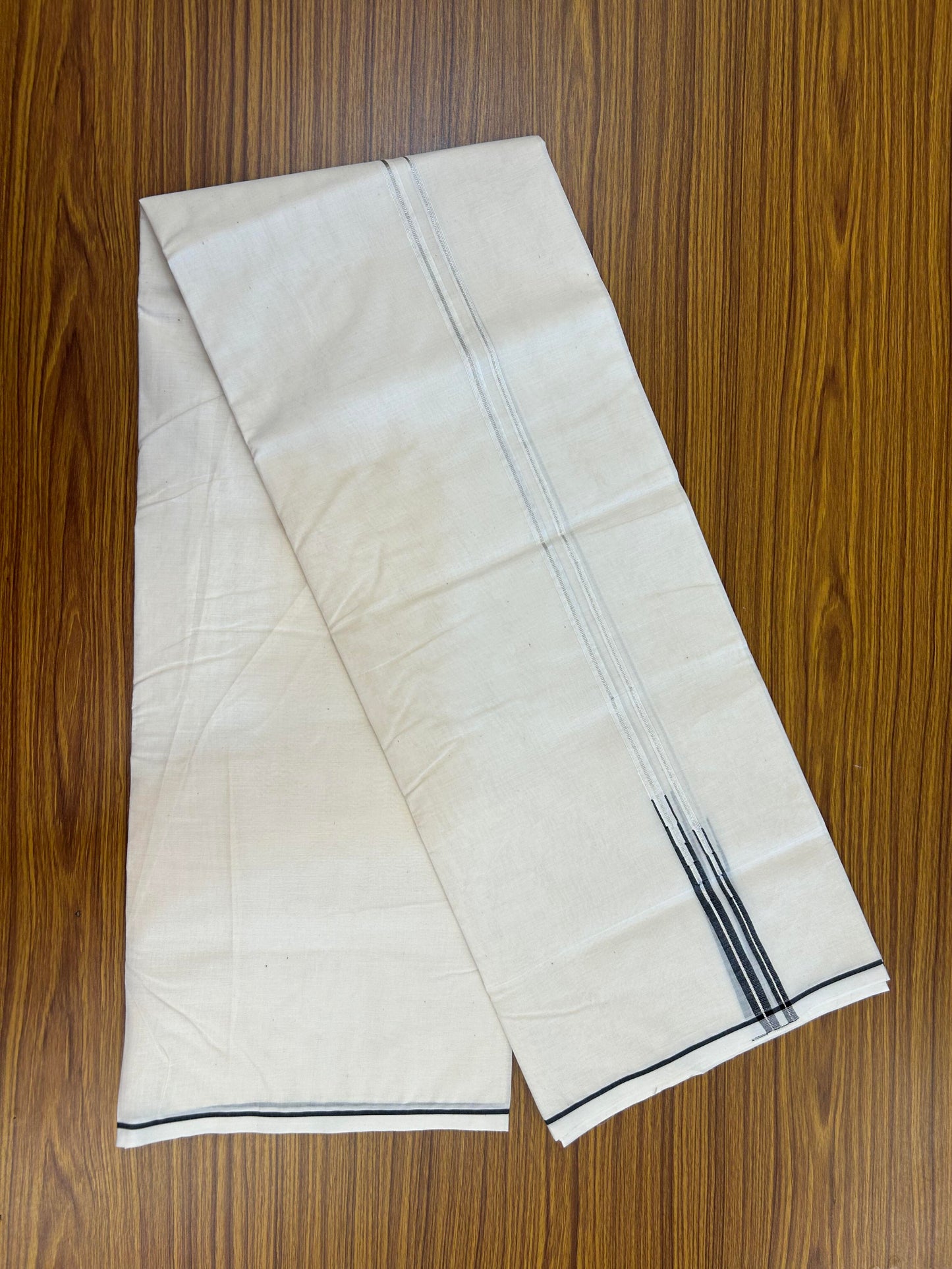 20% Discount! KaithariKada Balaramapuram 100% Cotton Double Off white Mundu/Dhoti-100x100 - 1 cm Puliyilakkara Silver Kasav & Black  Double Chutty Kara - 4 mtr (8.5 muzham) - 8 KK5354 ASH