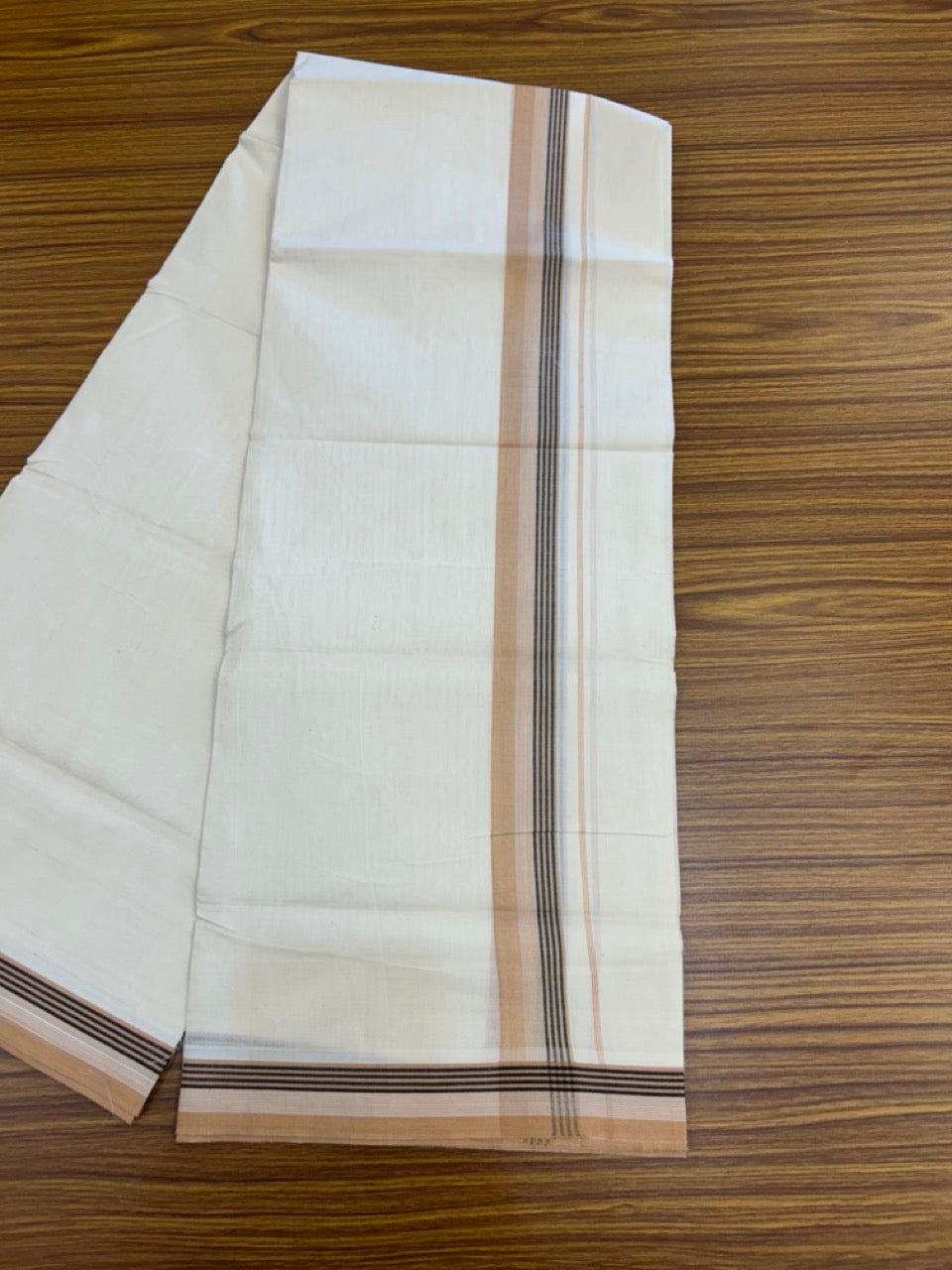 20% Discount! KaithariKada Balaramapuram 100%  Cotton Off White Double - (Unbleached) Mundu/Dhoti - 100X80 - 1.5 Inch Sand Brown shaded Black striped Kara - 4 Mtr (8.5 Muzham) - 120 KK5294 THI