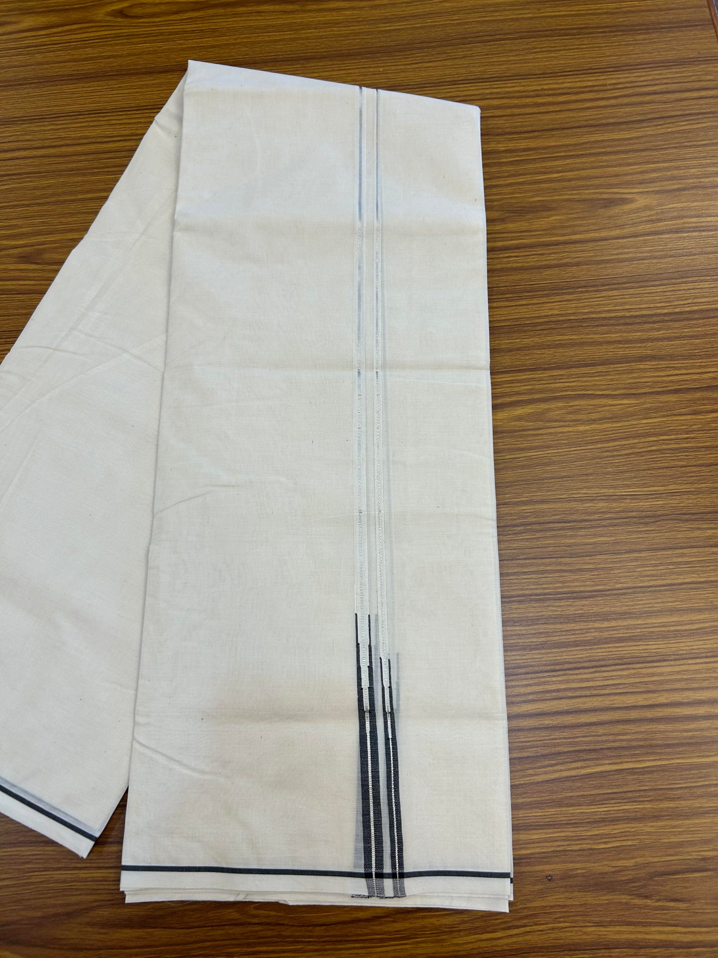 20% Discount! KaithariKada Balaramapuram 100% Cotton Double Off white Mundu/Dhoti-100x100 - 1 cm Puliyilakkara Silver Kasav & Black  Double Chutty Kara - 4 mtr (8.5 muzham) - 8 KK5354 ASH