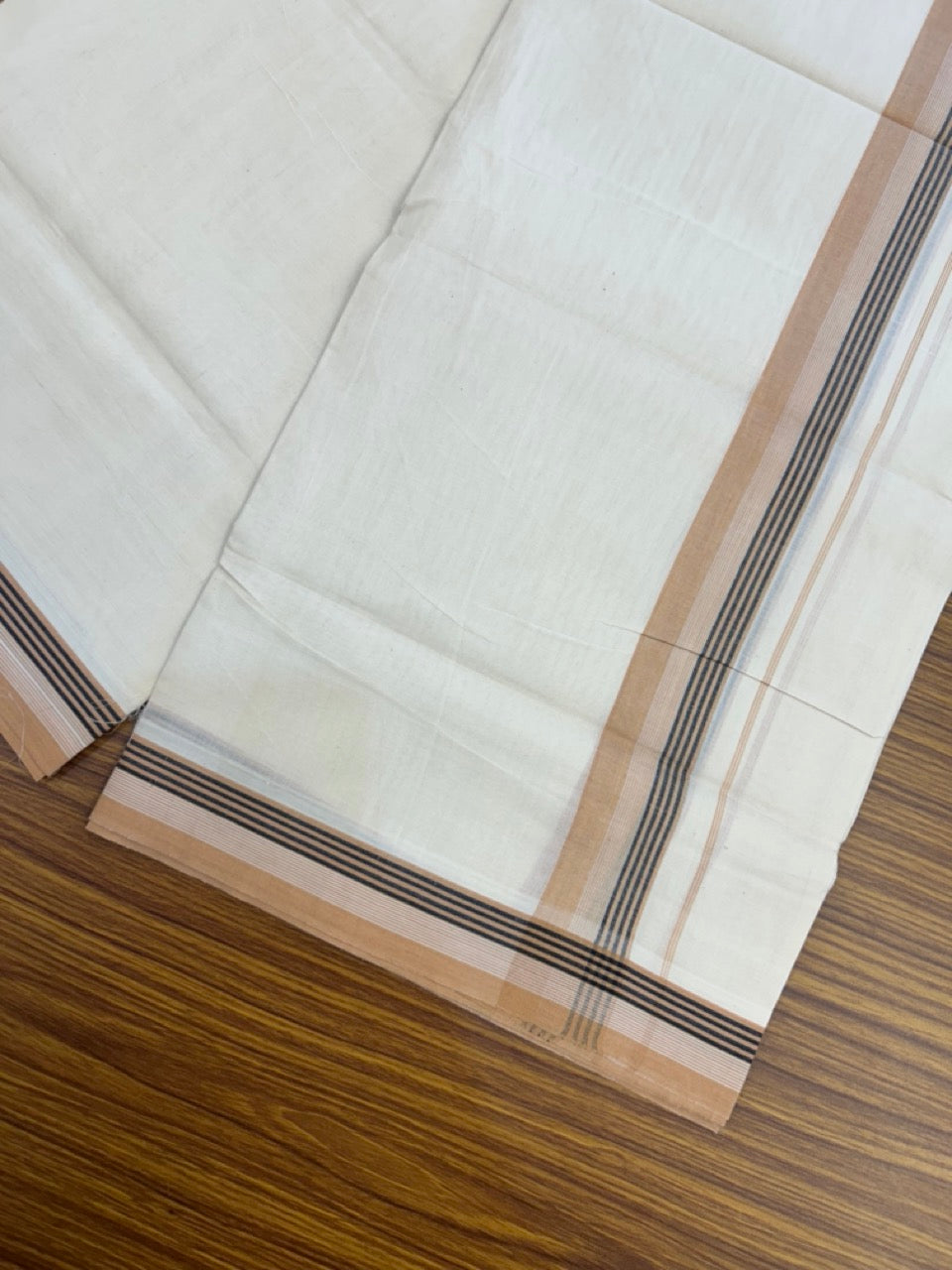 20% Discount! KaithariKada Balaramapuram 100%  Cotton Off White Double - (Unbleached) Mundu/Dhoti - 100X80 - 1.5 Inch Sand Brown shaded Black striped Kara - 4 Mtr (8.5 Muzham) - 120 KK5294 THI