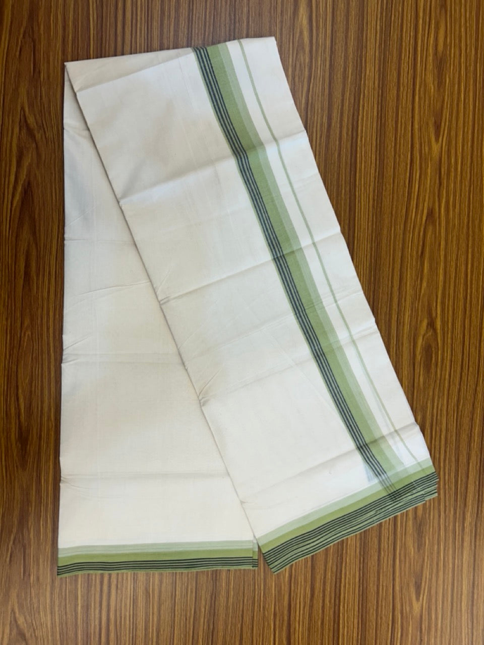 20% Discount! KaithariKada Balaramapuram 100%  Cotton Off White Double - (Unbleached) Mundu/Dhoti - 100X80 - 1.75 Inch Pista Green & Black Green striped Kara - 4 Mtr (8.5 Muzham) - 117 KK5294 THI