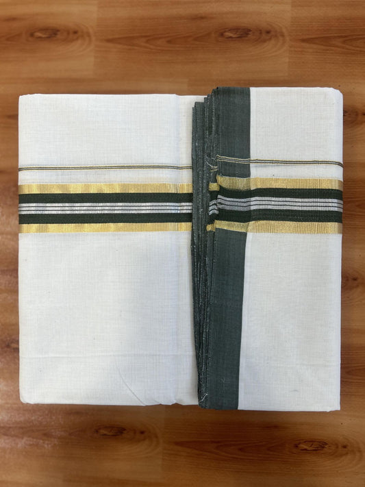 Double Off White (Unbleached) Mundu/Dhoti - 25% Discount! KaithariKada Handloom Millpaav - Kerala Handloom - Cotton - 80x90 - 1.5 inch Gold & Silver Kasav Striped & Olive Green Kara 4 meter (8.5 Muzham) - 5 KK5430 RAM