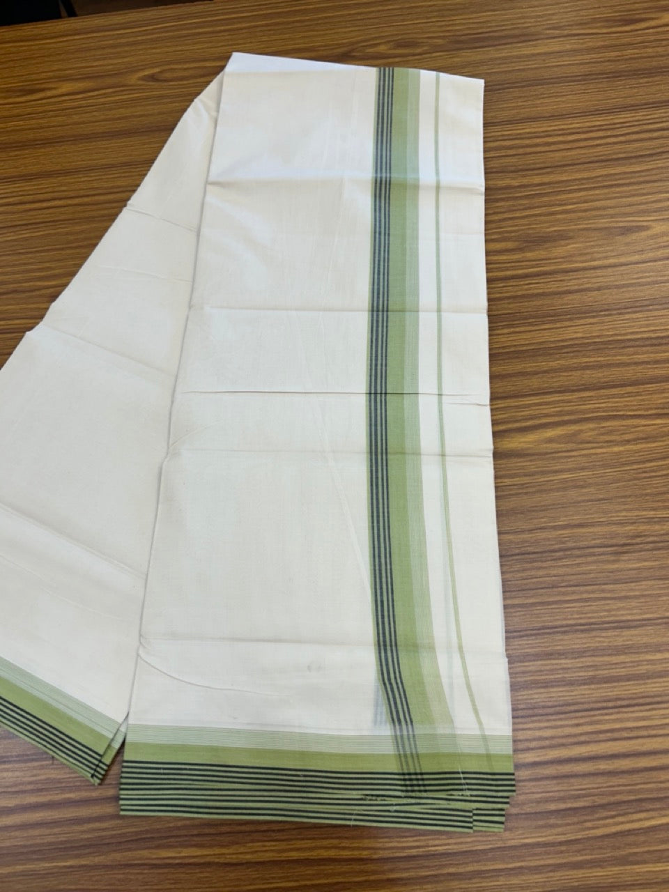 20% Discount! KaithariKada Balaramapuram 100%  Cotton Off White Double - (Unbleached) Mundu/Dhoti - 100X80 - 1.75 Inch Pista Green & Black Green striped Kara - 4 Mtr (8.5 Muzham) - 117 KK5294 THI