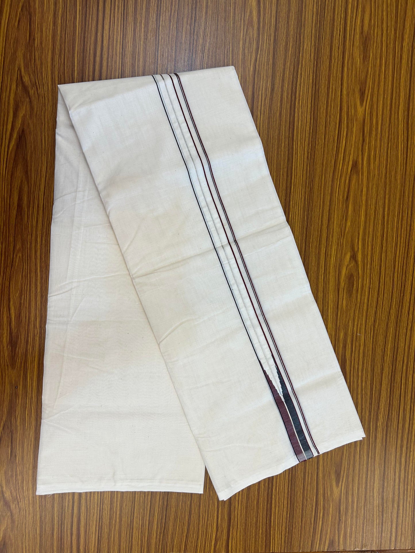20% Discount! KaithariKada Balaramapuram 100% Cotton Double Off white Mundu/Dhoti-100x100 - 1 inch Puliyilakkara Silver Kasav Black &  Maroon Chutty Kara - 4 mtr (8.5 muzham) - 10 KK5354 ASH