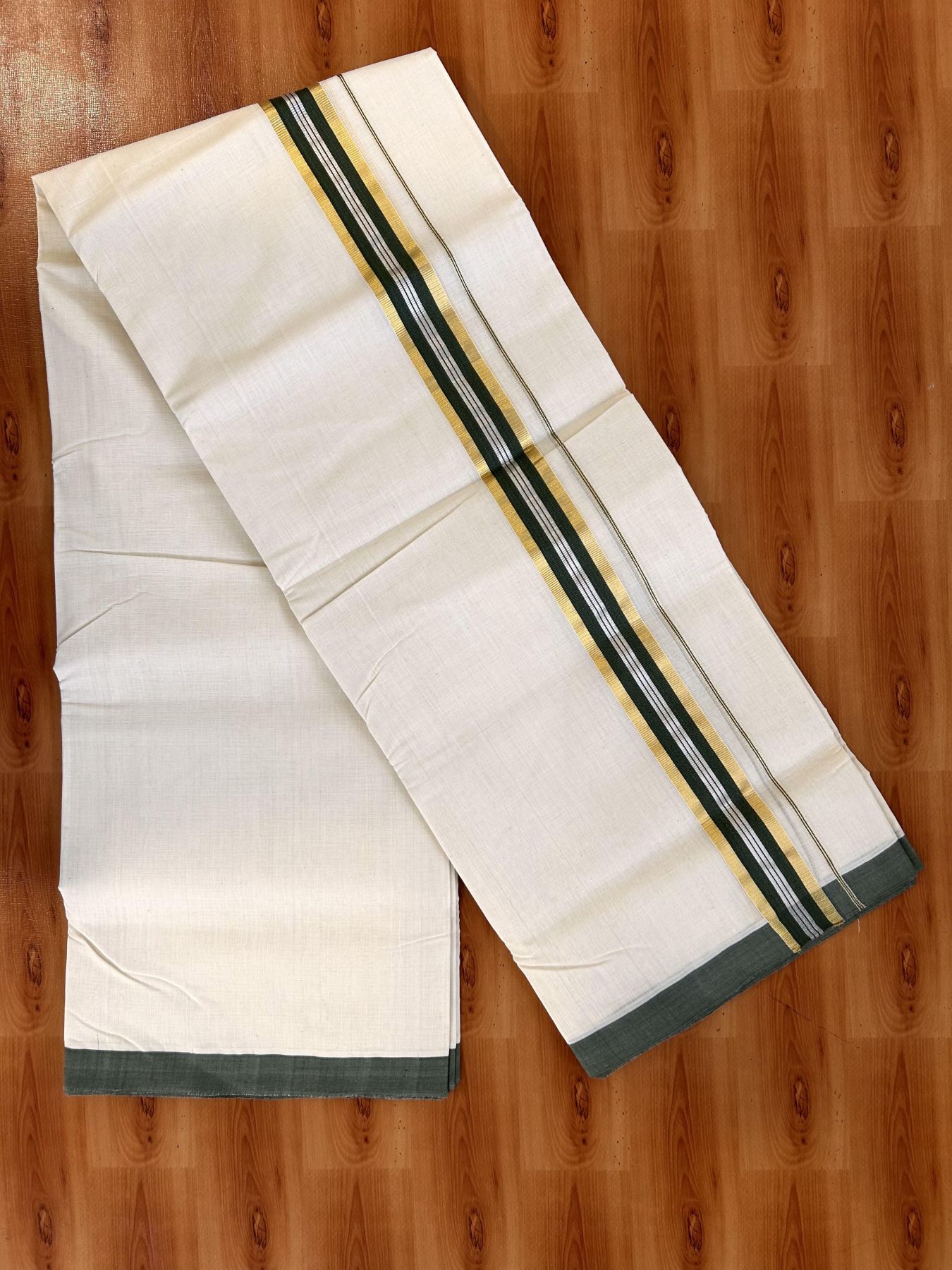 Double Off White (Unbleached) Mundu/Dhoti - 25% Discount! KaithariKada Handloom Millpaav - Kerala Handloom - Cotton - 80x90 - 1.5 inch Gold & Silver Kasav Striped & Olive Green Kara 4 meter (8.5 Muzham) - 5 KK5430 RAM