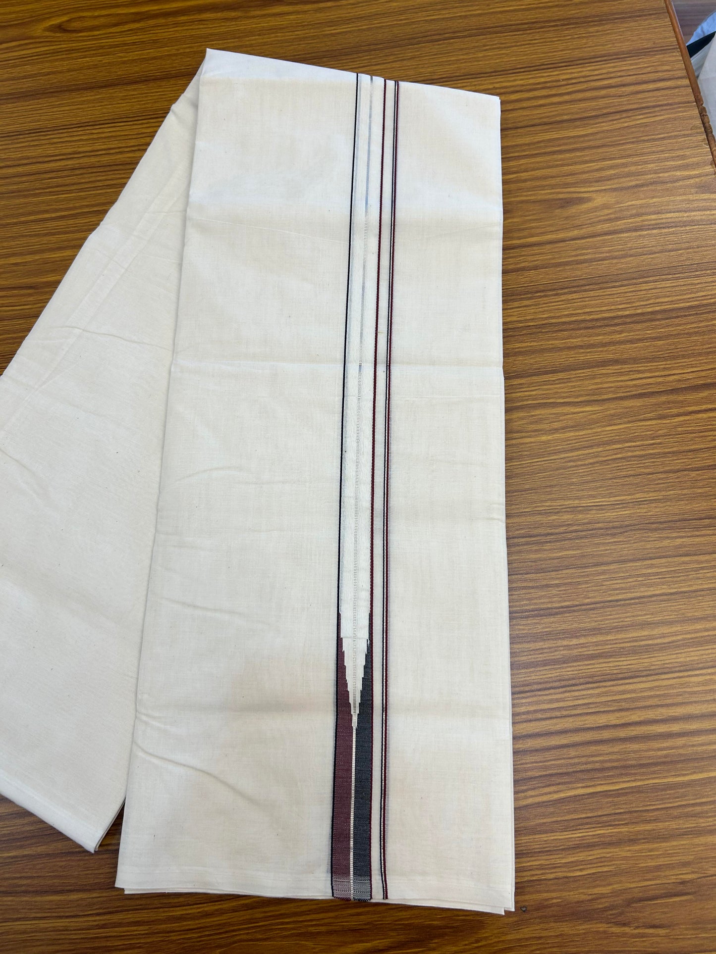 20% Discount! KaithariKada Balaramapuram 100% Cotton Double Off white Mundu/Dhoti-100x100 - 1 inch Puliyilakkara Silver Kasav Black &  Maroon Chutty Kara - 4 mtr (8.5 muzham) - 10 KK5354 ASH