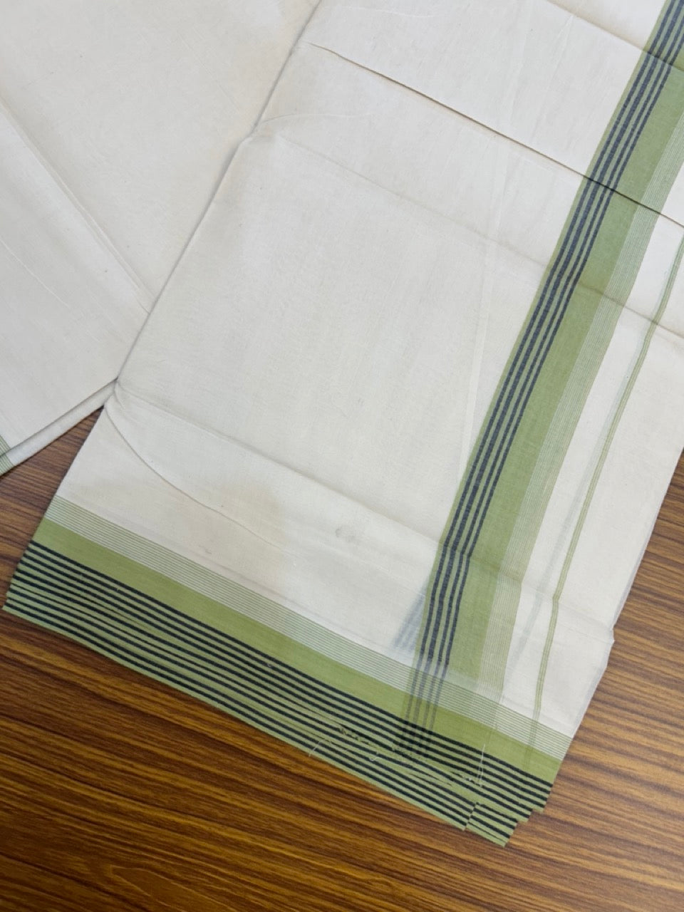 20% Discount! KaithariKada Balaramapuram 100%  Cotton Off White Double - (Unbleached) Mundu/Dhoti - 100X80 - 1.75 Inch Pista Green & Black Green striped Kara - 4 Mtr (8.5 Muzham) - 117 KK5294 THI