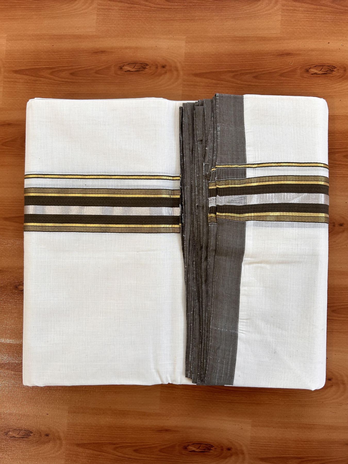 Double Off White (Unbleached) Mundu/Dhoti - 25% Discount! KaithariKada Handloom Millpaav - Kerala Handloom - Cotton - 80x90 - 1.5 inch Gold & Silver Kasav Striped & Brown Kara 4 meter (8.5 Muzham) - 13 KK5430 RAM