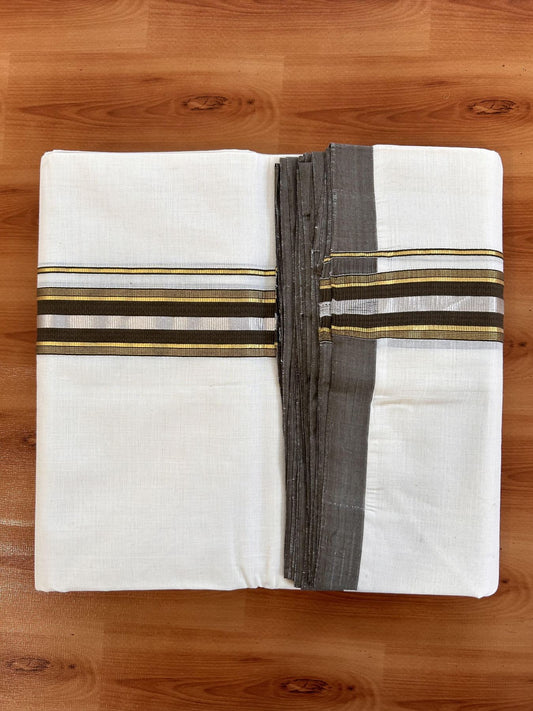 Double Off White (Unbleached) Mundu/Dhoti - 25% Discount! KaithariKada Handloom Millpaav - Kerala Handloom - Cotton - 80x90 - 1.5 inch Gold & Silver Kasav Striped & Brown Kara 4 meter (8.5 Muzham) - 13 KK5430 RAM