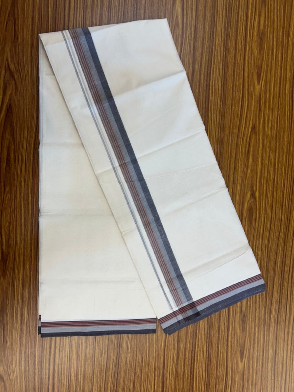20% Discount! KaithariKada Balaramapuram 100%  Cotton Off White Double - (Unbleached) Mundu/Dhoti - 100X80 - 1.5 Inch Dark Brown & Rust Brown striped Kara - 4 Mtr (8.5 Muzham) - 124 KK5294 THI