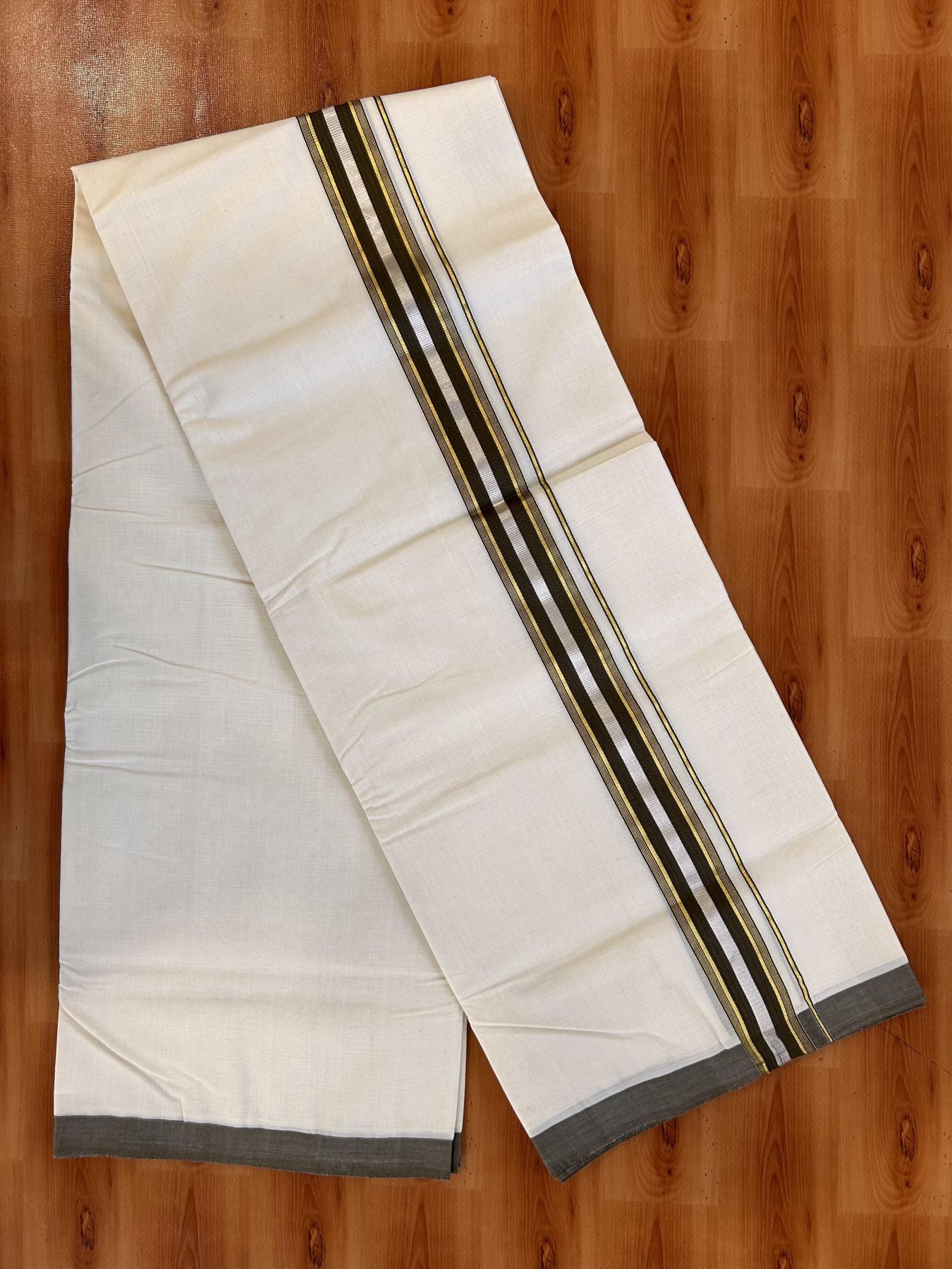 Double Off White (Unbleached) Mundu/Dhoti - 25% Discount! KaithariKada Handloom Millpaav - Kerala Handloom - Cotton - 80x90 - 1.5 inch Gold & Silver Kasav Striped & Brown Kara 4 meter (8.5 Muzham) - 13 KK5430 RAM