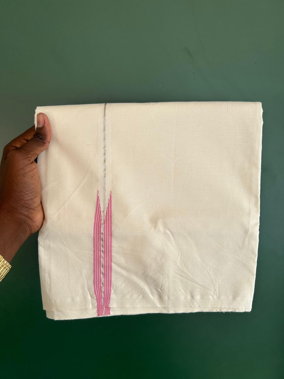 Single Off White (Unbleached) Mundu/Dhoti - 20% Discount!! KaithariKada Pulimood 100% Cotton 100s Twisted - 1.5 cm Puliyilakkara Silver Kasav & Pink Striped Chutty Kara - 2.25 mtr (5 muzham) - 1 KK5546 ASH