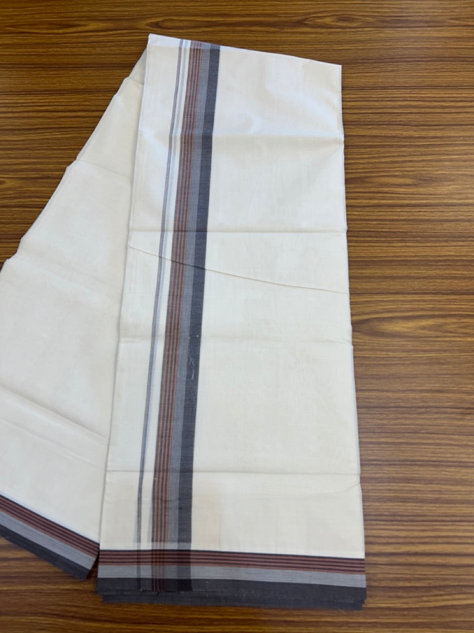 20% Discount! KaithariKada Balaramapuram 100%  Cotton Off White Double - (Unbleached) Mundu/Dhoti - 100X80 - 1.5 Inch Dark Brown & Rust Brown striped Kara - 4 Mtr (8.5 Muzham) - 124 KK5294 THI