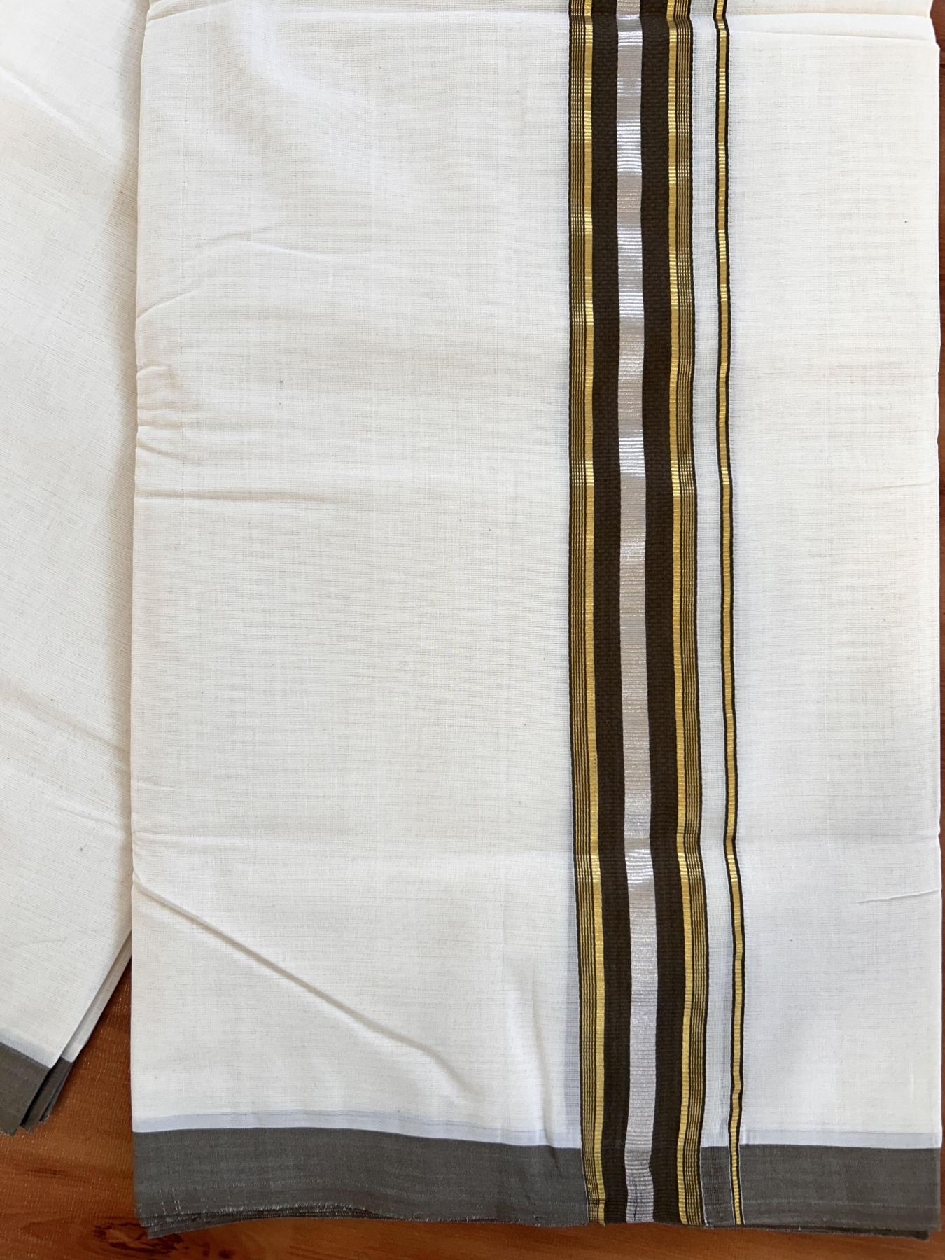 Double Off White (Unbleached) Mundu/Dhoti - 25% Discount! KaithariKada Handloom Millpaav - Kerala Handloom - Cotton - 80x90 - 1.5 inch Gold & Silver Kasav Striped & Brown Kara 4 meter (8.5 Muzham) - 13 KK5430 RAM