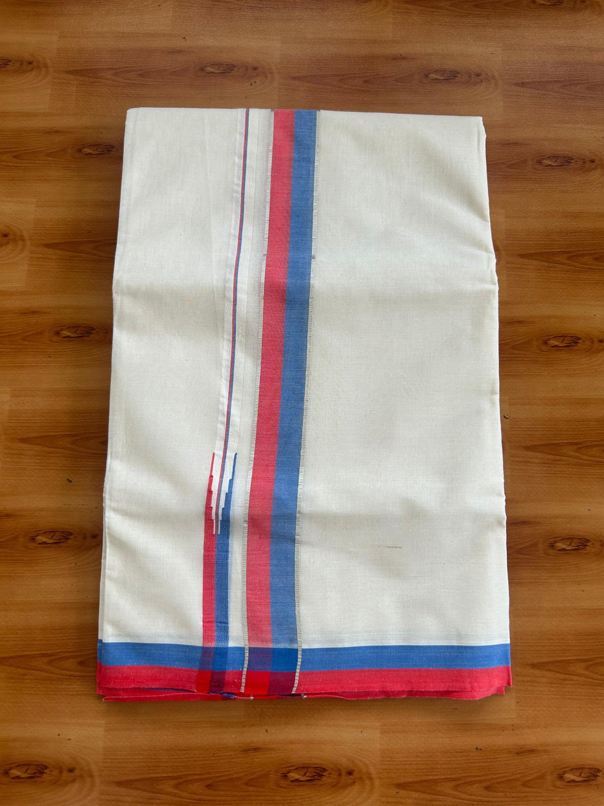 Double Off White (Unbleached) Mundu/Dhoti - 20% Discount!! KaithariKada Pulimood 100% Cotton 100x100 - 1.5 inch Puliyilakkara Silver Kasav Steel Blue & Red Striped Chutty Kara - 4 mtr (8.5 muzham) - 13 KK5546 ASH