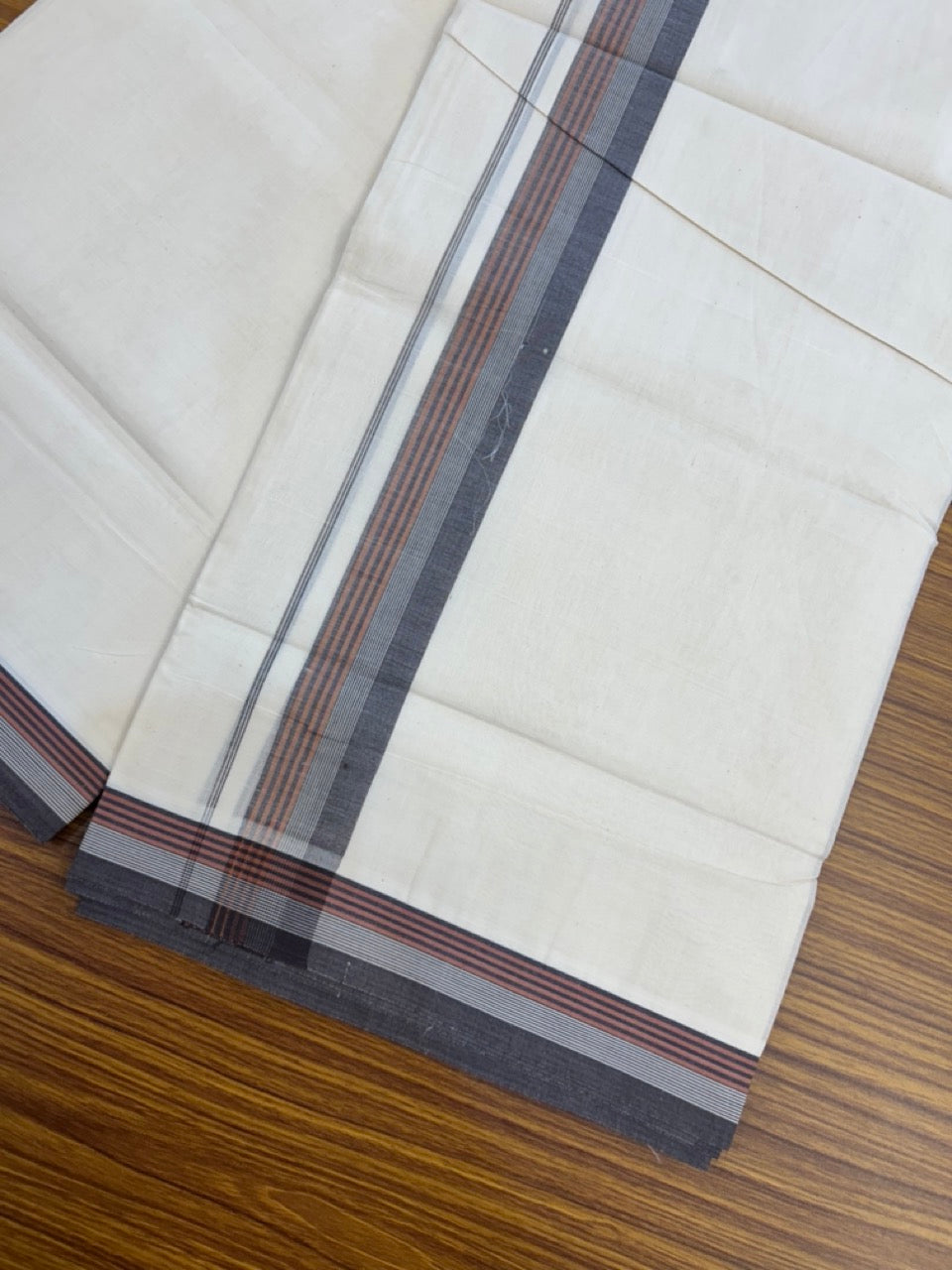 20% Discount! KaithariKada Balaramapuram 100%  Cotton Off White Double - (Unbleached) Mundu/Dhoti - 100X80 - 1.5 Inch Dark Brown & Rust Brown striped Kara - 4 Mtr (8.5 Muzham) - 124 KK5294 THI