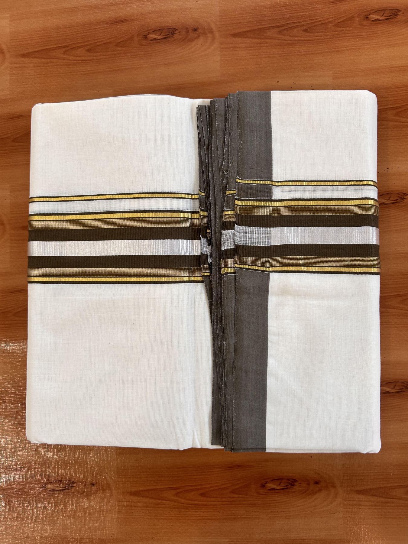 Double Off White (Unbleached) Mundu/Dhoti - 25% Discount! KaithariKada Handloom Millpaav - Kerala Handloom - Cotton - 80x90 - 2 inch Gold & Silver Kasav Striped & Brown Kara 4 meter (8.5 Muzham) - 11 KK5430 RAM