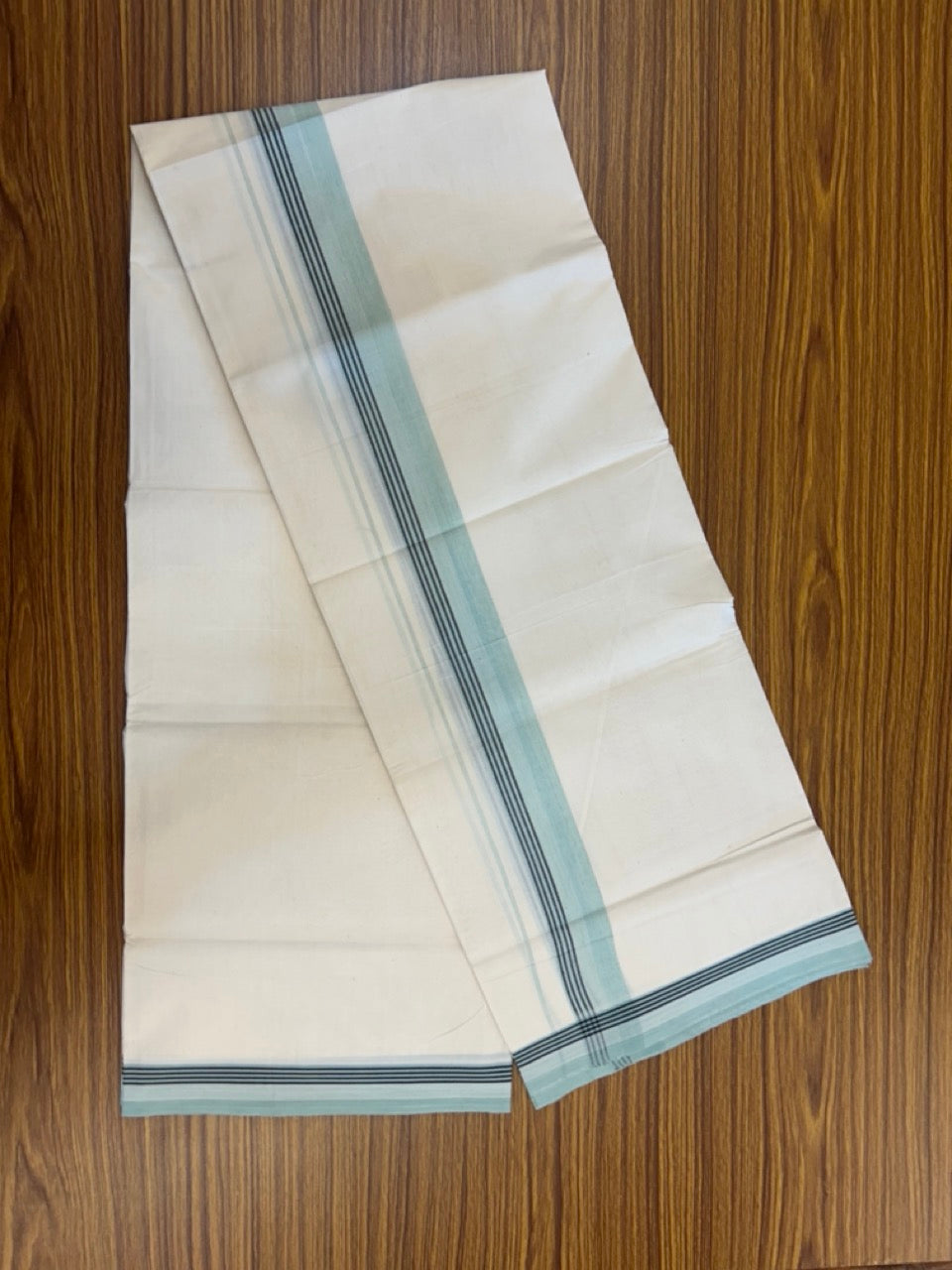 20% Discount! KaithariKada Balaramapuram 100%  Cotton Off White Double - (Unbleached) Mundu/Dhoti - 100X80 - 1.5 Inch Pastel Mint Green shaded Black striped Kara - 4 Mtr (8.5 Muzham) - 119 KK5294 THI