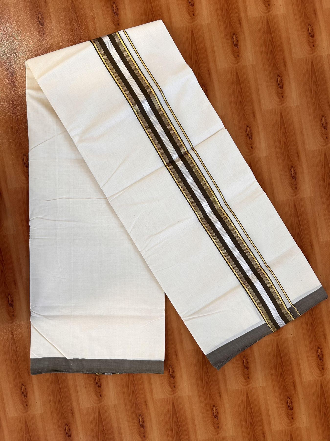Double Off White (Unbleached) Mundu/Dhoti - 25% Discount! KaithariKada Handloom Millpaav - Kerala Handloom - Cotton - 80x90 - 2 inch Gold & Silver Kasav Striped & Brown Kara 4 meter (8.5 Muzham) - 11 KK5430 RAM