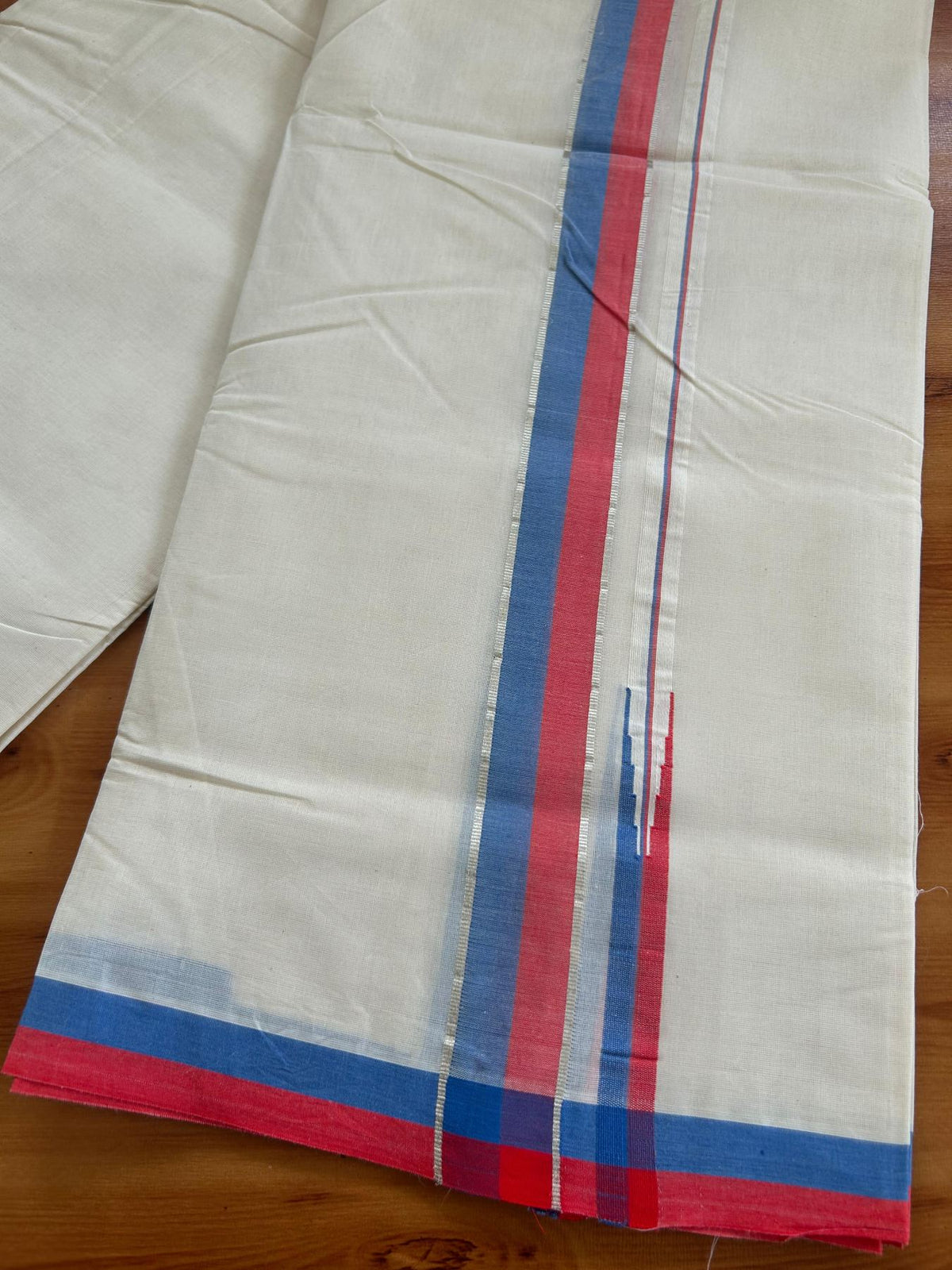 Double Off White (Unbleached) Mundu/Dhoti - 20% Discount!! KaithariKada Pulimood 100% Cotton 100x100 - 1.5 inch Puliyilakkara Silver Kasav Steel Blue & Red Striped Chutty Kara - 4 mtr (8.5 muzham) - 13 KK5546 ASH
