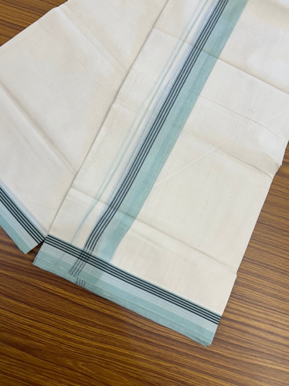 20% Discount! KaithariKada Balaramapuram 100%  Cotton Off White Double - (Unbleached) Mundu/Dhoti - 100X80 - 1.5 Inch Pastel Mint Green shaded Black striped Kara - 4 Mtr (8.5 Muzham) - 119 KK5294 THI