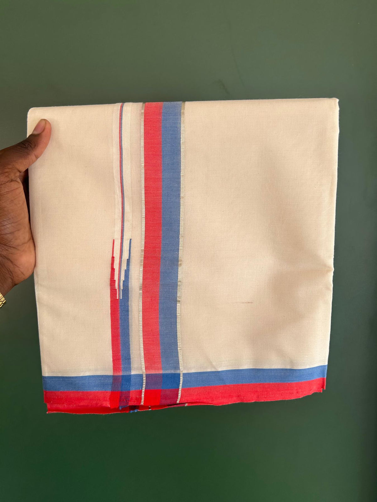 Double Off White (Unbleached) Mundu/Dhoti - 20% Discount!! KaithariKada Pulimood 100% Cotton 100x100 - 1.5 inch Puliyilakkara Silver Kasav Steel Blue & Red Striped Chutty Kara - 4 mtr (8.5 muzham) - 13 KK5546 ASH