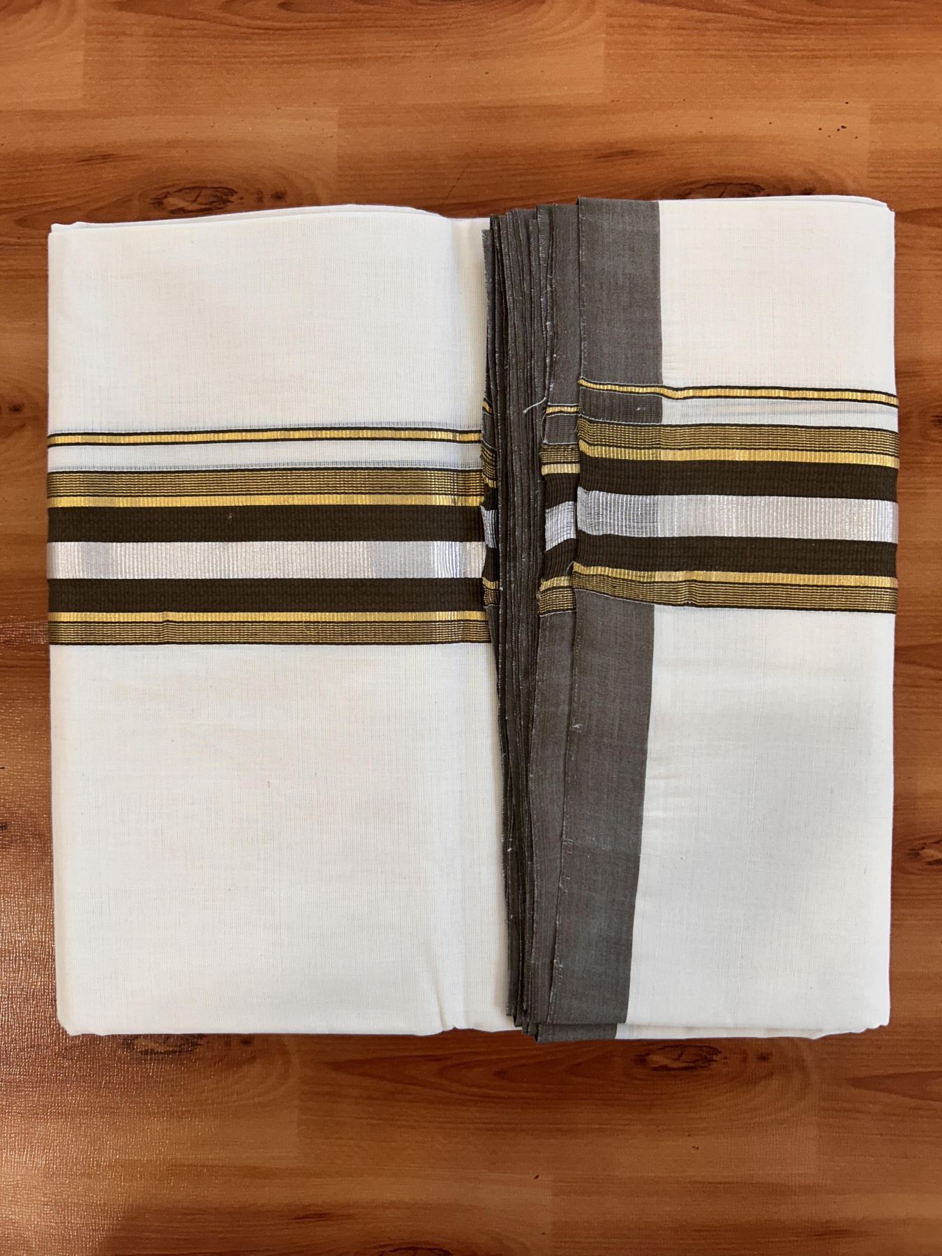 Double Off White (Unbleached) Mundu/Dhoti - 25% Discount! KaithariKada Handloom Millpaav - Kerala Handloom - Cotton - 80x90 - 2 inch Gold & Silver Kasav Striped & Brown Kara 4 meter (8.5 Muzham) - 12 KK5430 RAM