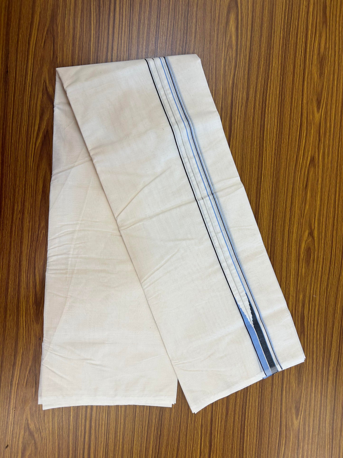 20% Discount! KaithariKada Balaramapuram 100% Cotton Double Off white Mundu/Dhoti-100x100 - 1 inch Puliyilakkara Silver Kasav Black &  Blue Chutty Kara - 4 mtr (8.5 muzham) - 13 KK5354 ASH