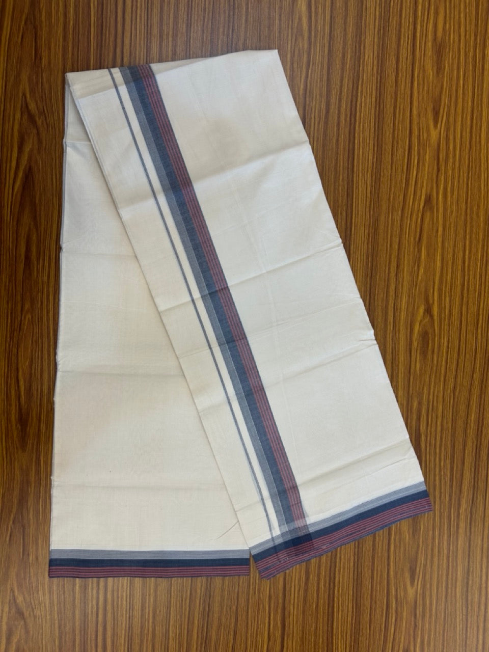 20% Discount! KaithariKada Balaramapuram 100%  Cotton Off White Double - (Unbleached) Mundu/Dhoti - 100X80 - 1.5 Inch Dark Navy Blue shaded Red Orange striped Kara - 4 Mtr (8.5 Muzham) - 118 KK5294 THI