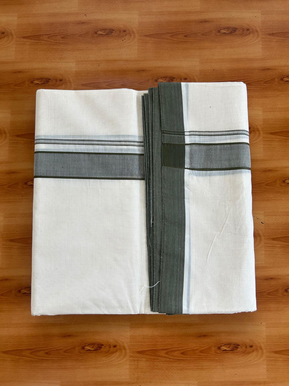 Double Off White (Unbleached) Mundu/Dhoti - 20% Discount! Kaitharikada Pulimood 100% Pure Cotton - 100x100 - 1.5 inch Olive Green shaded Kara 4.60 mtr (10 muzham) - 24 KK5546 ASH
