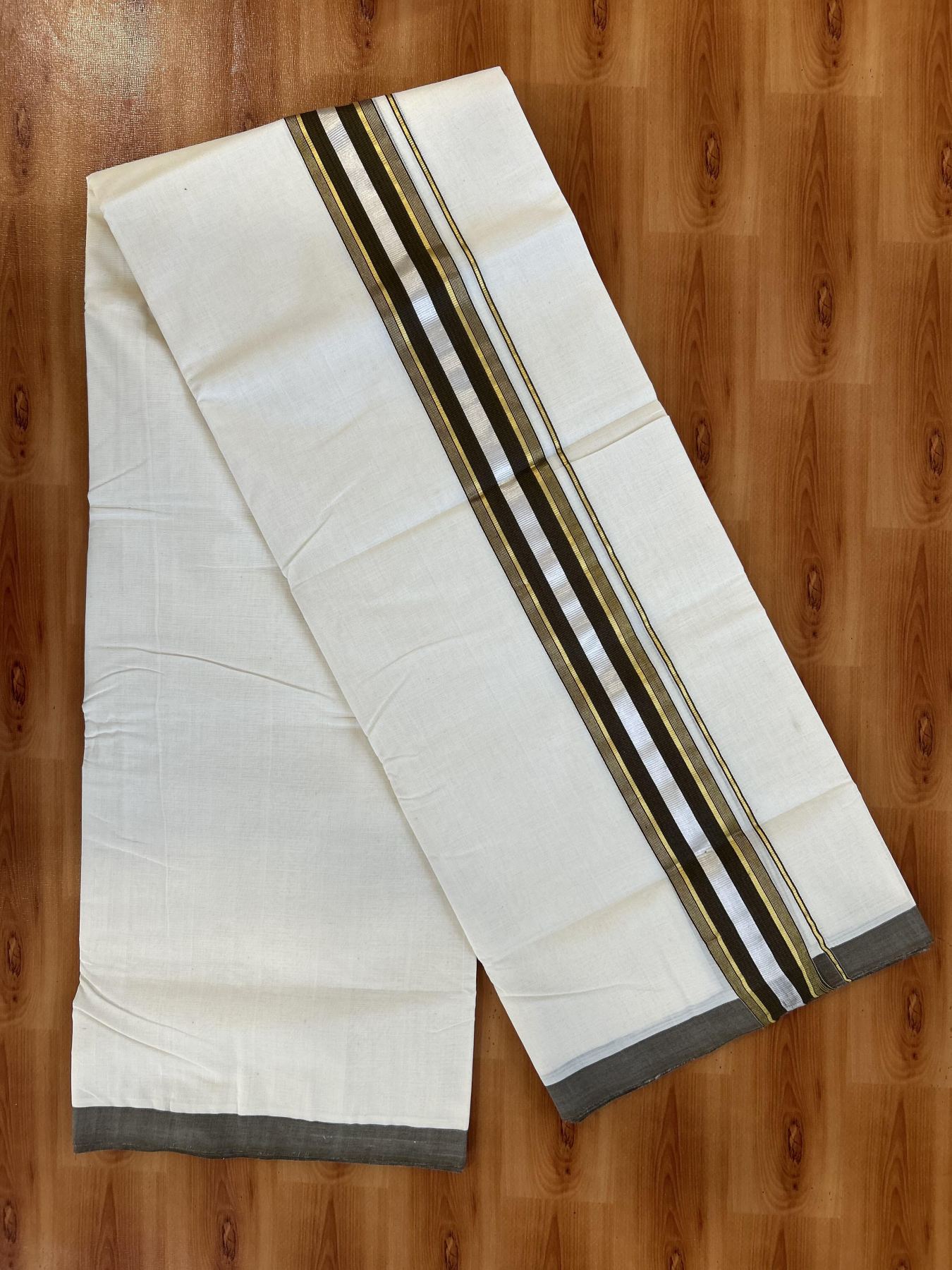Double Off White (Unbleached) Mundu/Dhoti - 25% Discount! KaithariKada Handloom Millpaav - Kerala Handloom - Cotton - 80x90 - 2 inch Gold & Silver Kasav Striped & Brown Kara 4 meter (8.5 Muzham) - 12 KK5430 RAM