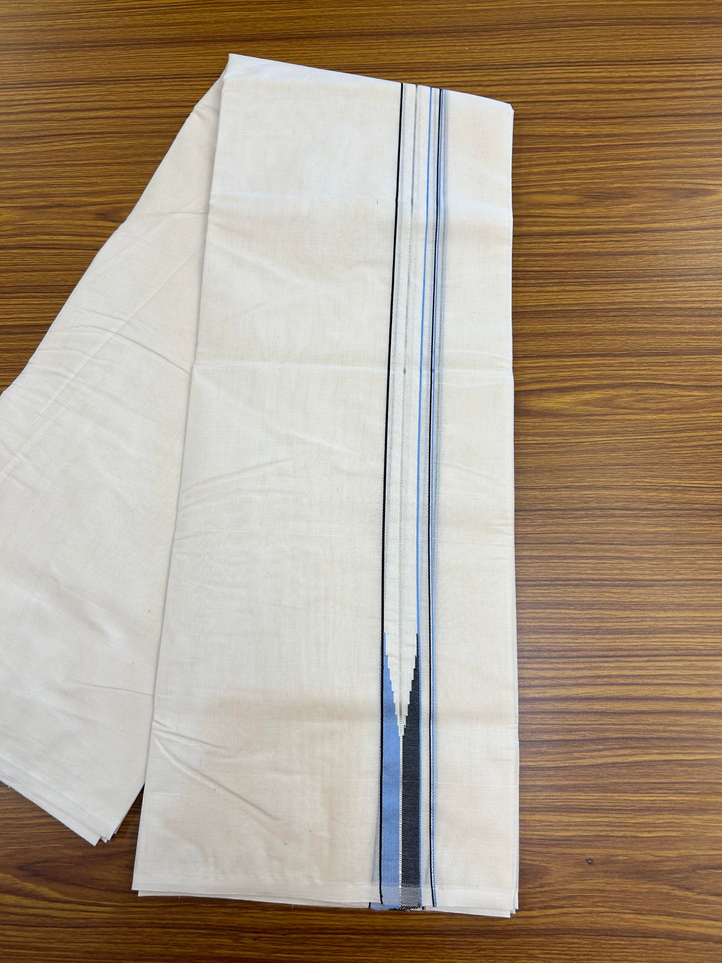 20% Discount! KaithariKada Balaramapuram 100% Cotton Double Off white Mundu/Dhoti-100x100 - 1 inch Puliyilakkara Silver Kasav Black &  Blue Chutty Kara - 4 mtr (8.5 muzham) - 13 KK5354 ASH