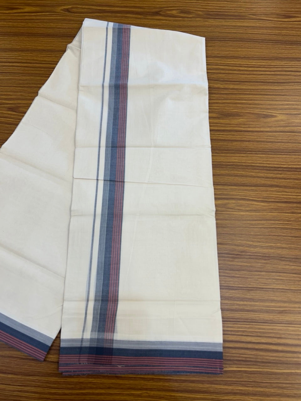 20% Discount! KaithariKada Balaramapuram 100%  Cotton Off White Double - (Unbleached) Mundu/Dhoti - 100X80 - 1.5 Inch Dark Navy Blue shaded Red Orange striped Kara - 4 Mtr (8.5 Muzham) - 118 KK5294 THI