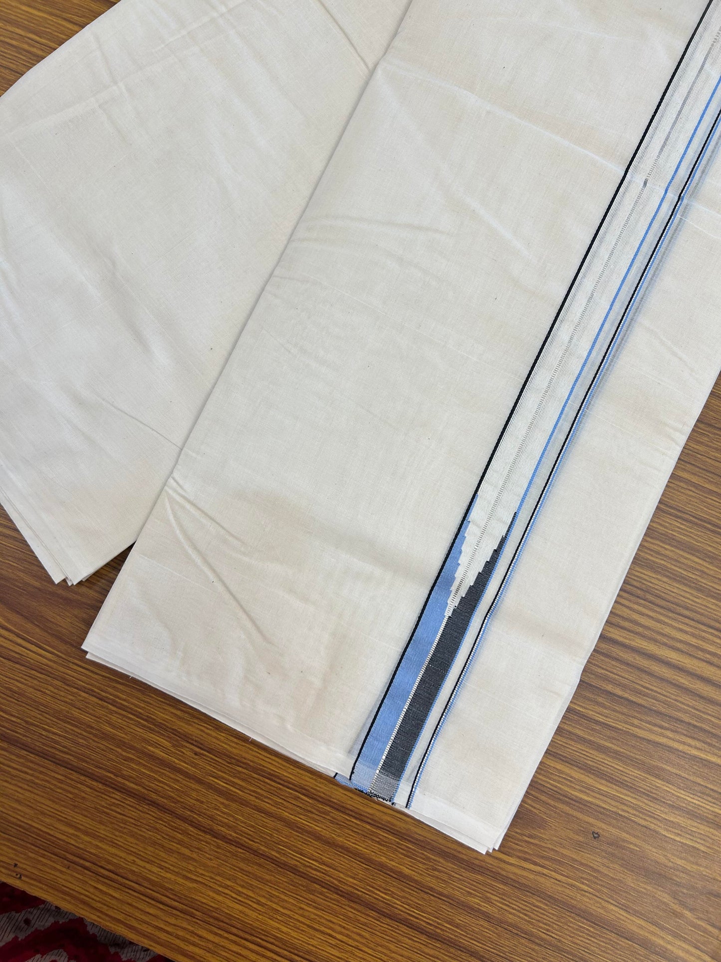 20% Discount! KaithariKada Balaramapuram 100% Cotton Double Off white Mundu/Dhoti-100x100 - 1 inch Puliyilakkara Silver Kasav Black &  Blue Chutty Kara - 4 mtr (8.5 muzham) - 13 KK5354 ASH