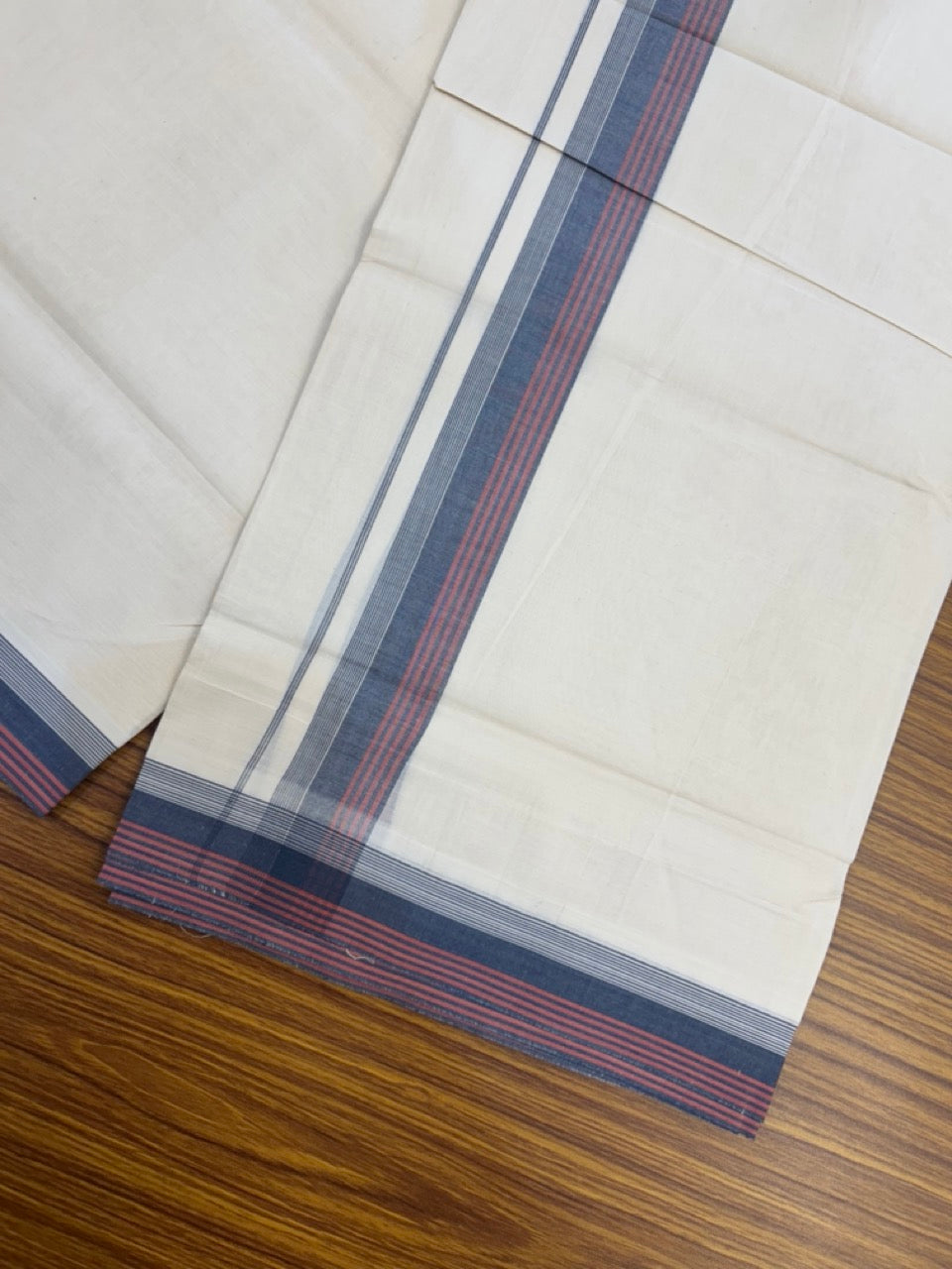 20% Discount! KaithariKada Balaramapuram 100%  Cotton Off White Double - (Unbleached) Mundu/Dhoti - 100X80 - 1.5 Inch Dark Navy Blue shaded Red Orange striped Kara - 4 Mtr (8.5 Muzham) - 118 KK5294 THI