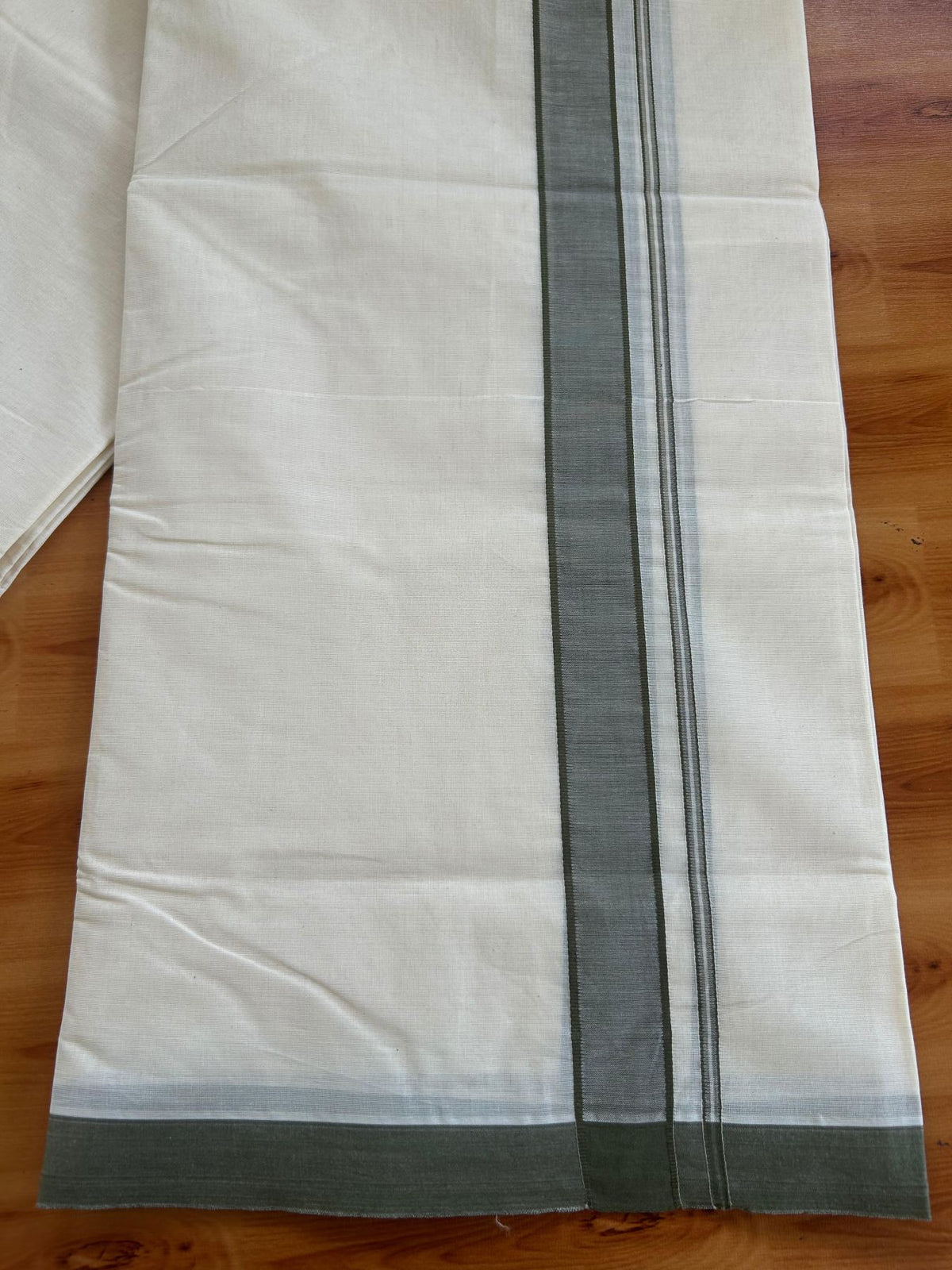 Double Off White (Unbleached) Mundu/Dhoti - 20% Discount! Kaitharikada Pulimood 100% Pure Cotton - 100x100 - 1.5 inch Olive Green shaded Kara 4.60 mtr (10 muzham) - 24 KK5546 ASH
