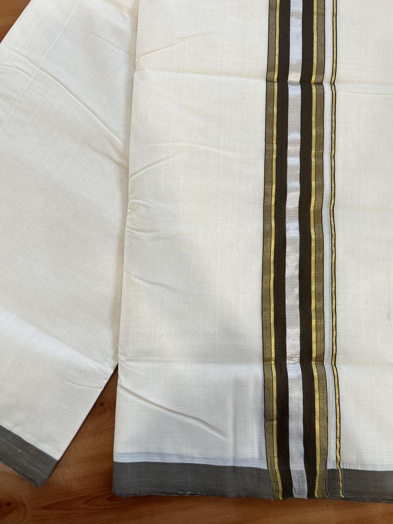 Double Off White (Unbleached) Mundu/Dhoti - 25% Discount! KaithariKada Handloom Millpaav - Kerala Handloom - Cotton - 80x90 - 2 inch Gold & Silver Kasav Striped & Brown Kara 4 meter (8.5 Muzham) - 12 KK5430 RAM