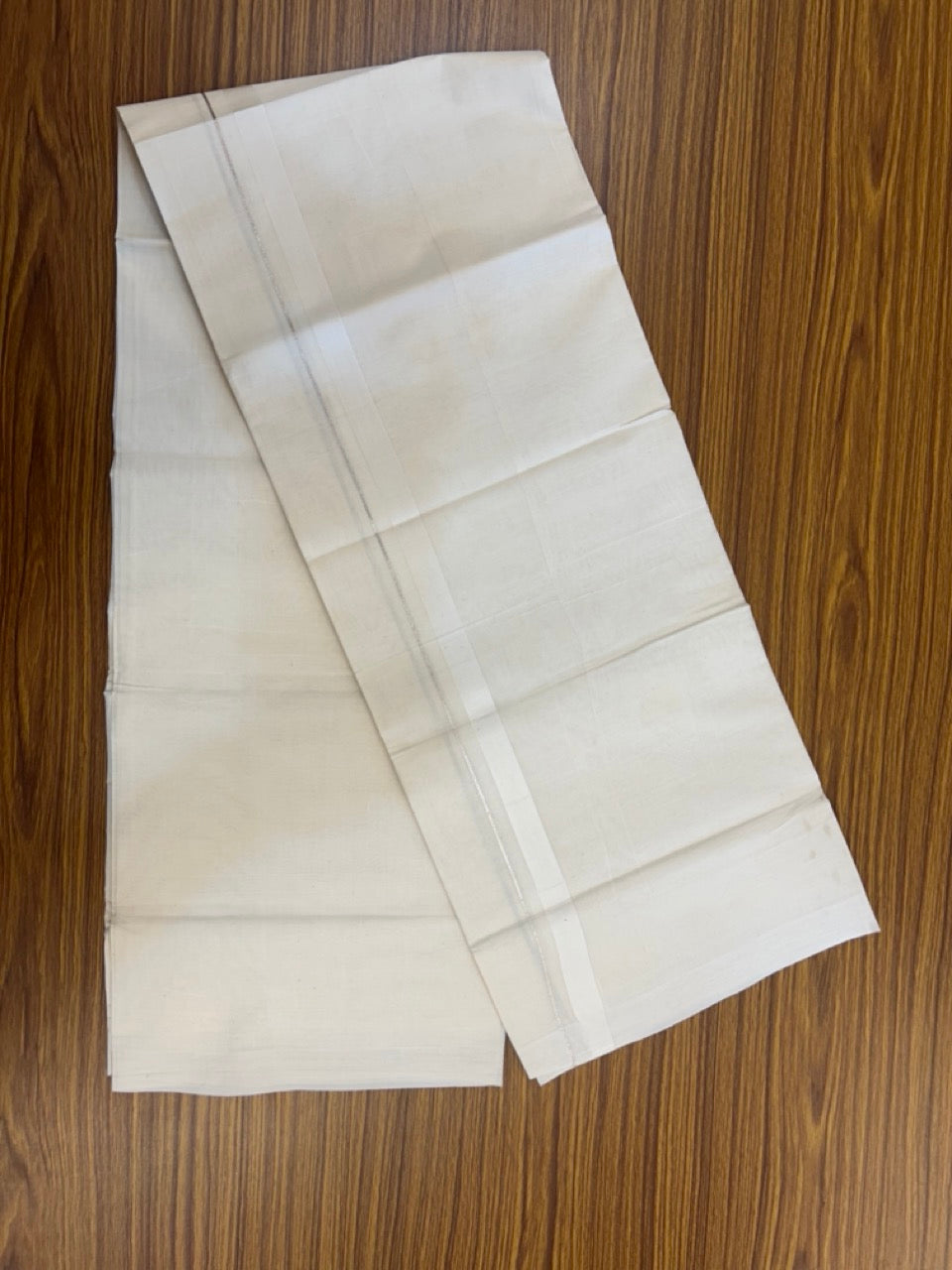 20% Discount! KaithariKada Balaramapuram 100%  Cotton Off White Double - (Unbleached) Mundu/Dhoti - 100X80 - Silver Kasav 0.75 inch White Kara - 4 Mtr (8.5 Muzham) - 109 KK5294 THI